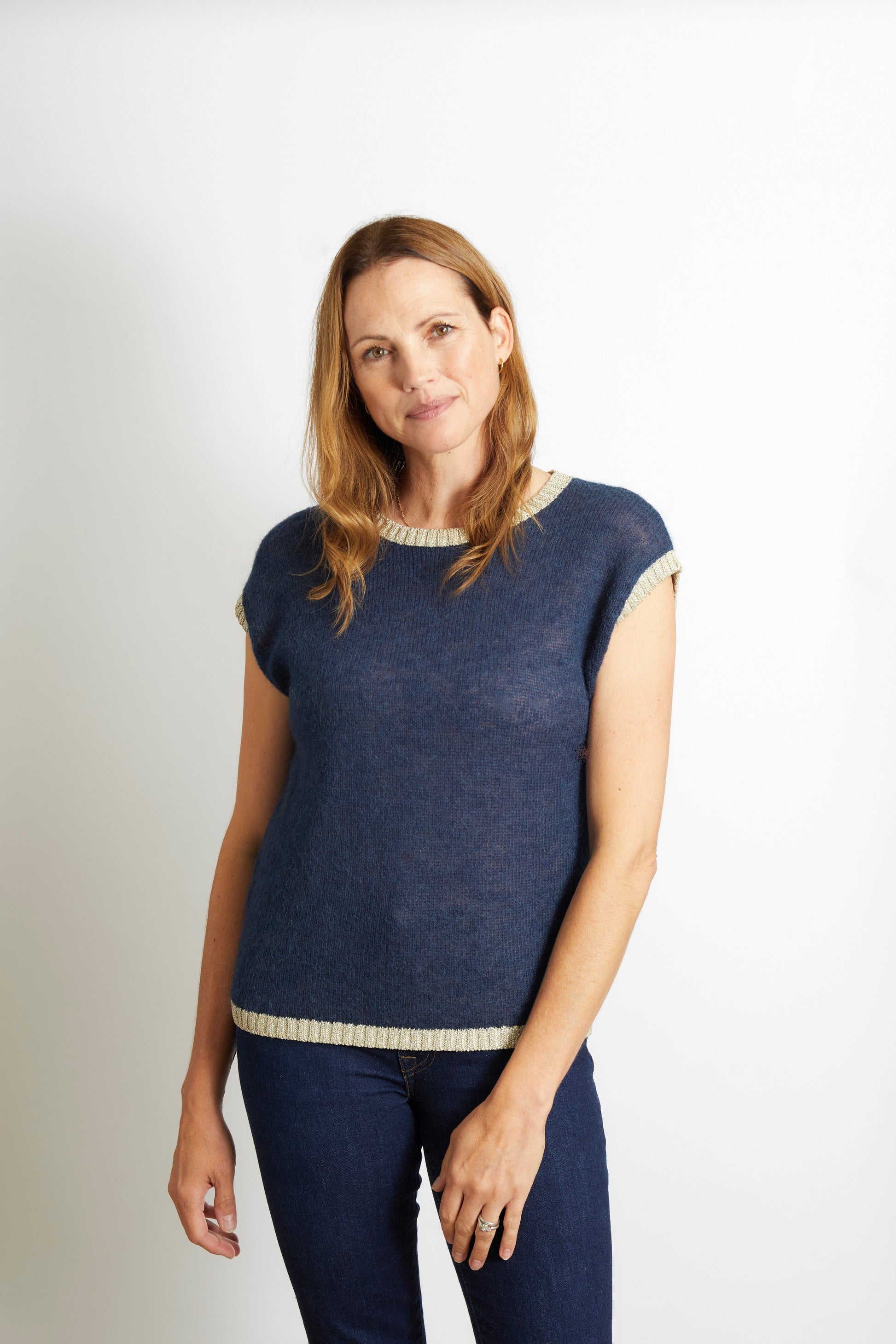 Women’s Knitted Tank with Gold Sparkle Lurex Trim - Navy Blue
