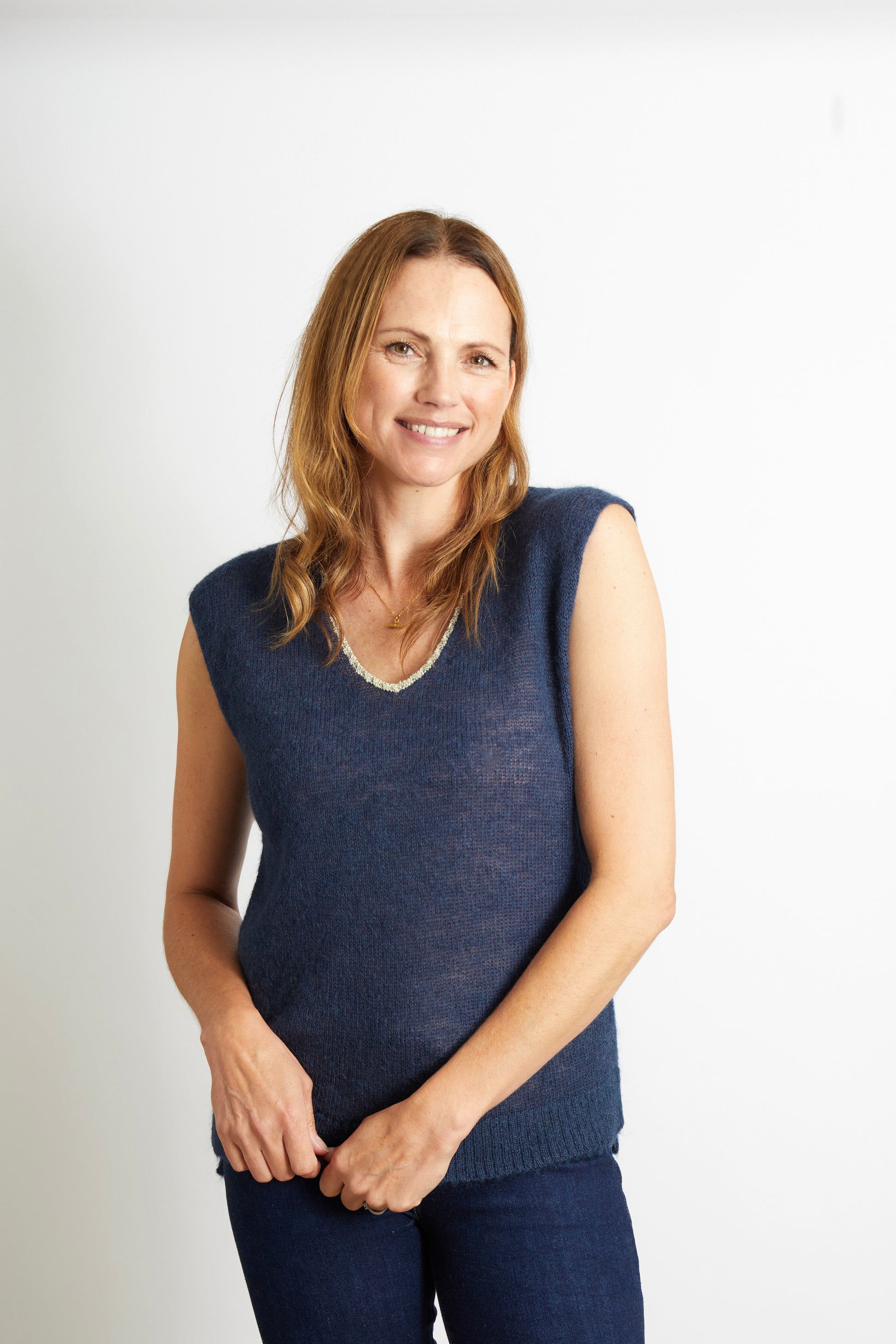 Women’s Knitted V-Neck Tank with Gold Sparkle Lurex Trim - Navy Blue