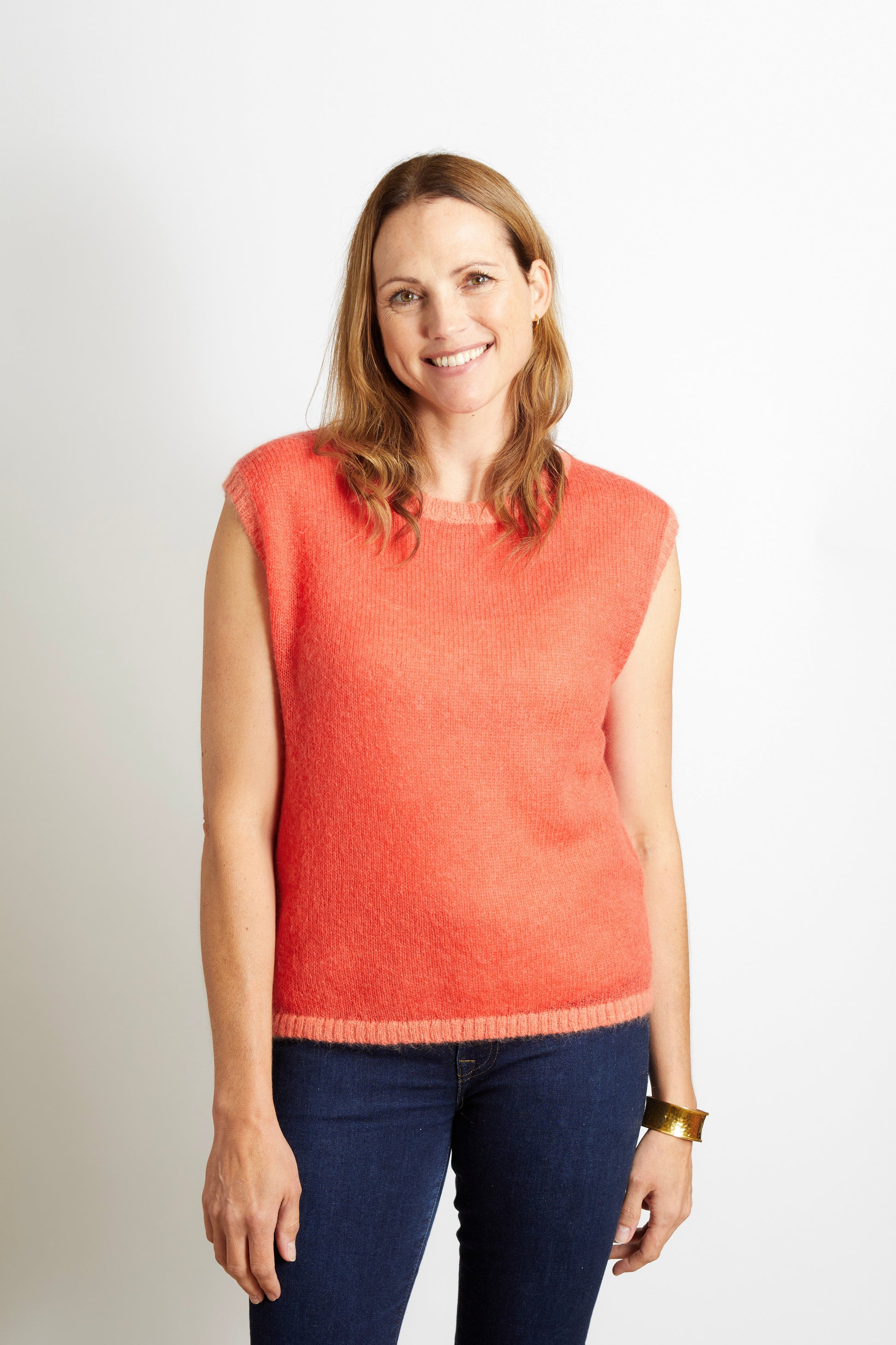 Woman's Knitted Tank Top Slipover - Tomato Red with Orange Trim