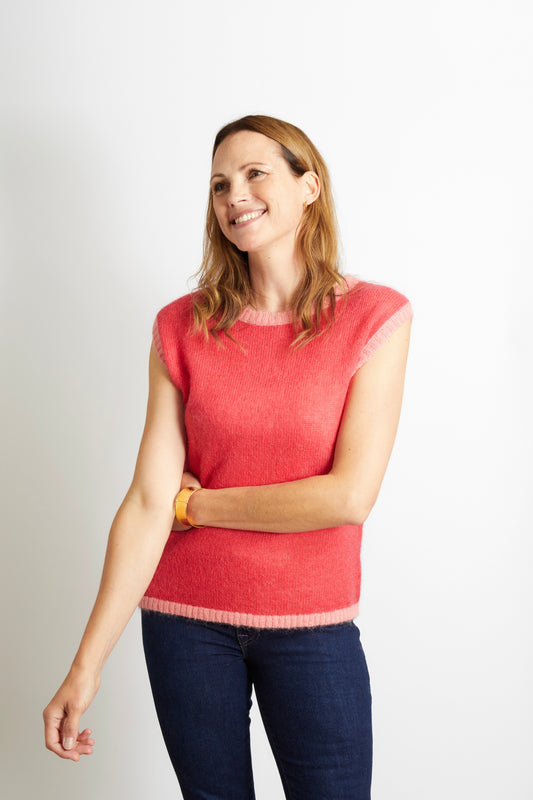 Woman's Knitted Tank Top Slipover - Cerise Pink with Pale Pink Trim