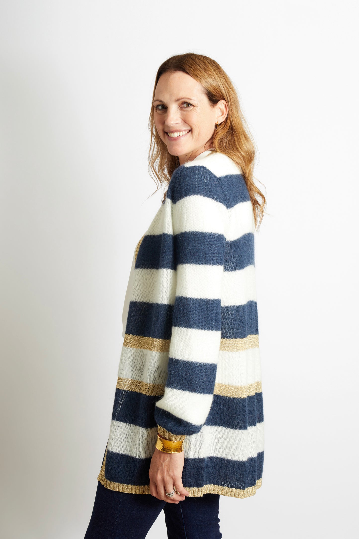 Woman's Long Striped Cardigan - Navy and Ivory with Gold Lurex Trim