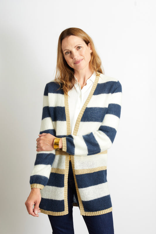 Woman's Long Striped Cardigan - Navy and Ivory with Gold Lurex Trim