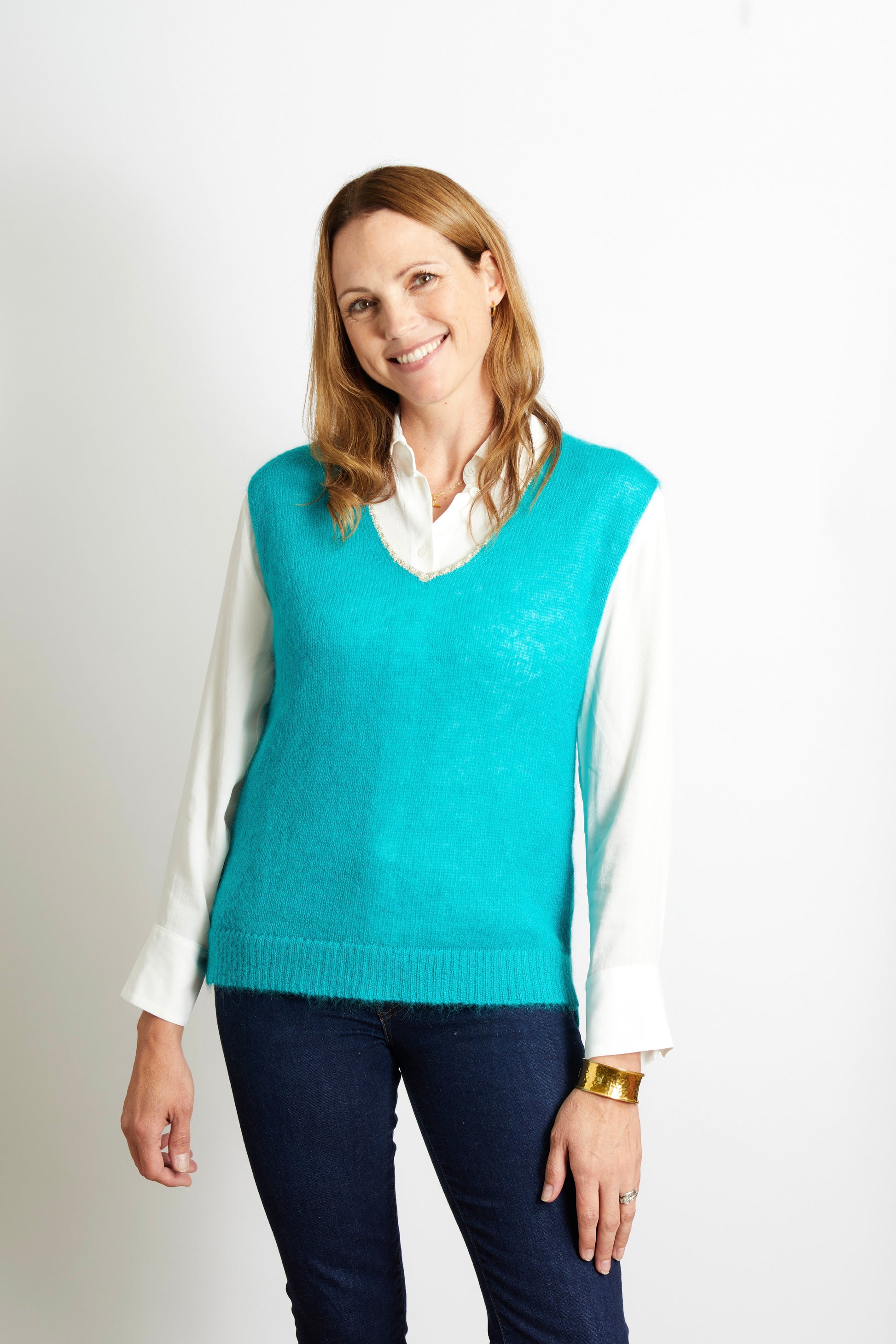 Women’s Knitted V-Neck Tank with Gold Sparkle Lurex Trim - Teal Blue