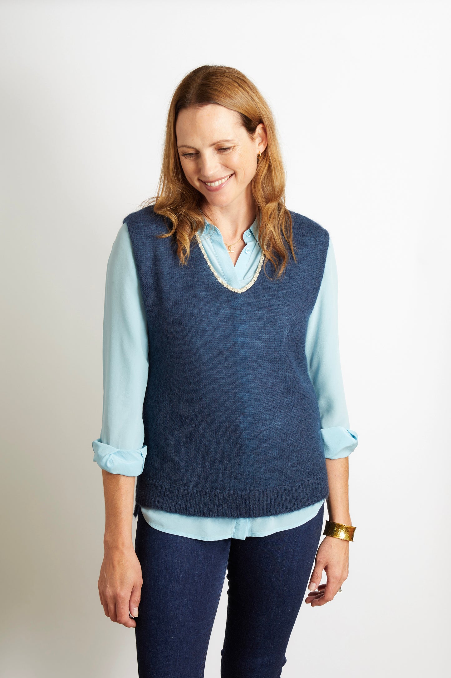 Women’s Knitted V-Neck Tank with Gold Sparkle Lurex Trim - Navy Blue