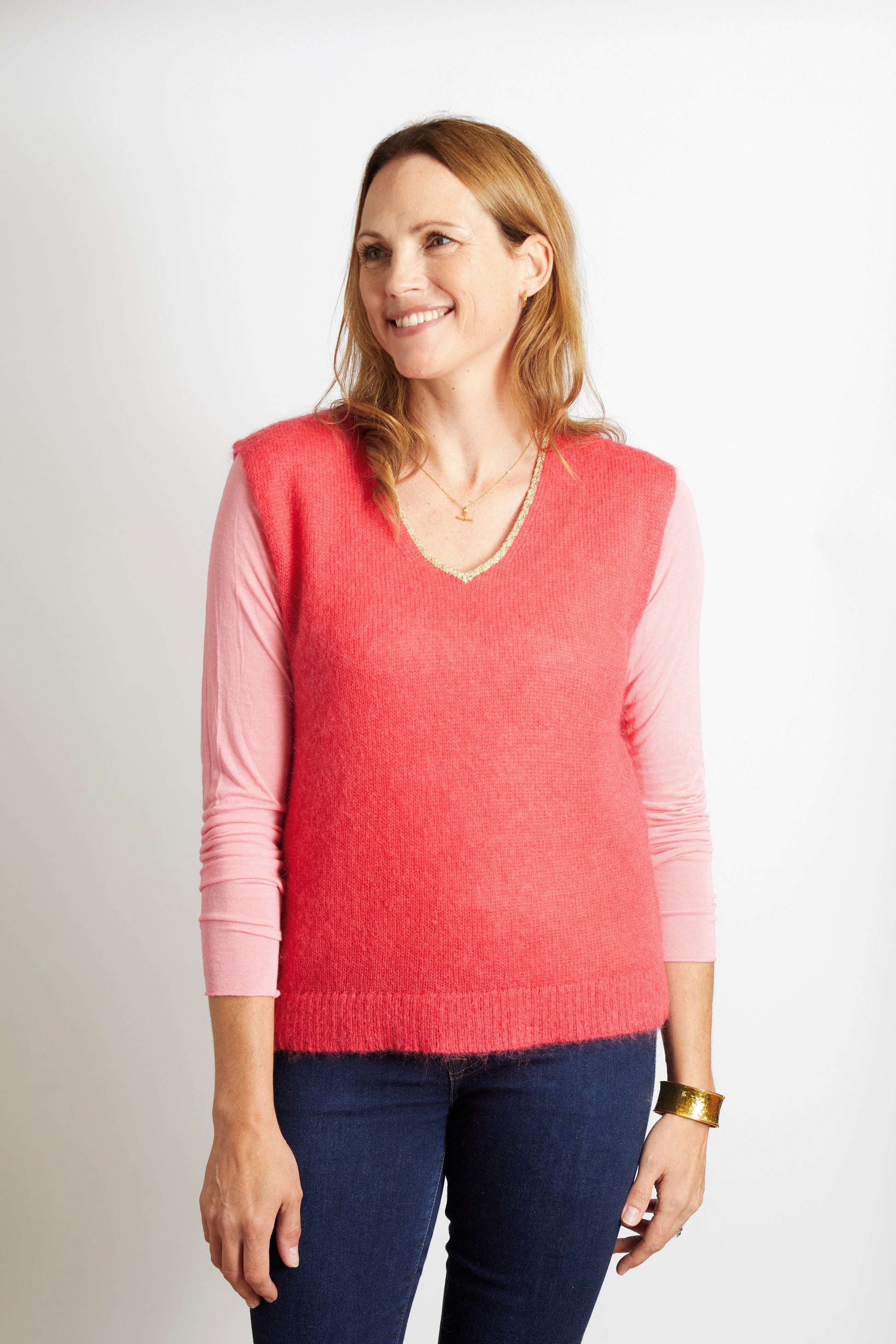 Women’s Knitted V-Neck Tank with Gold Sparkle Lurex Trim - Cerise Pink
