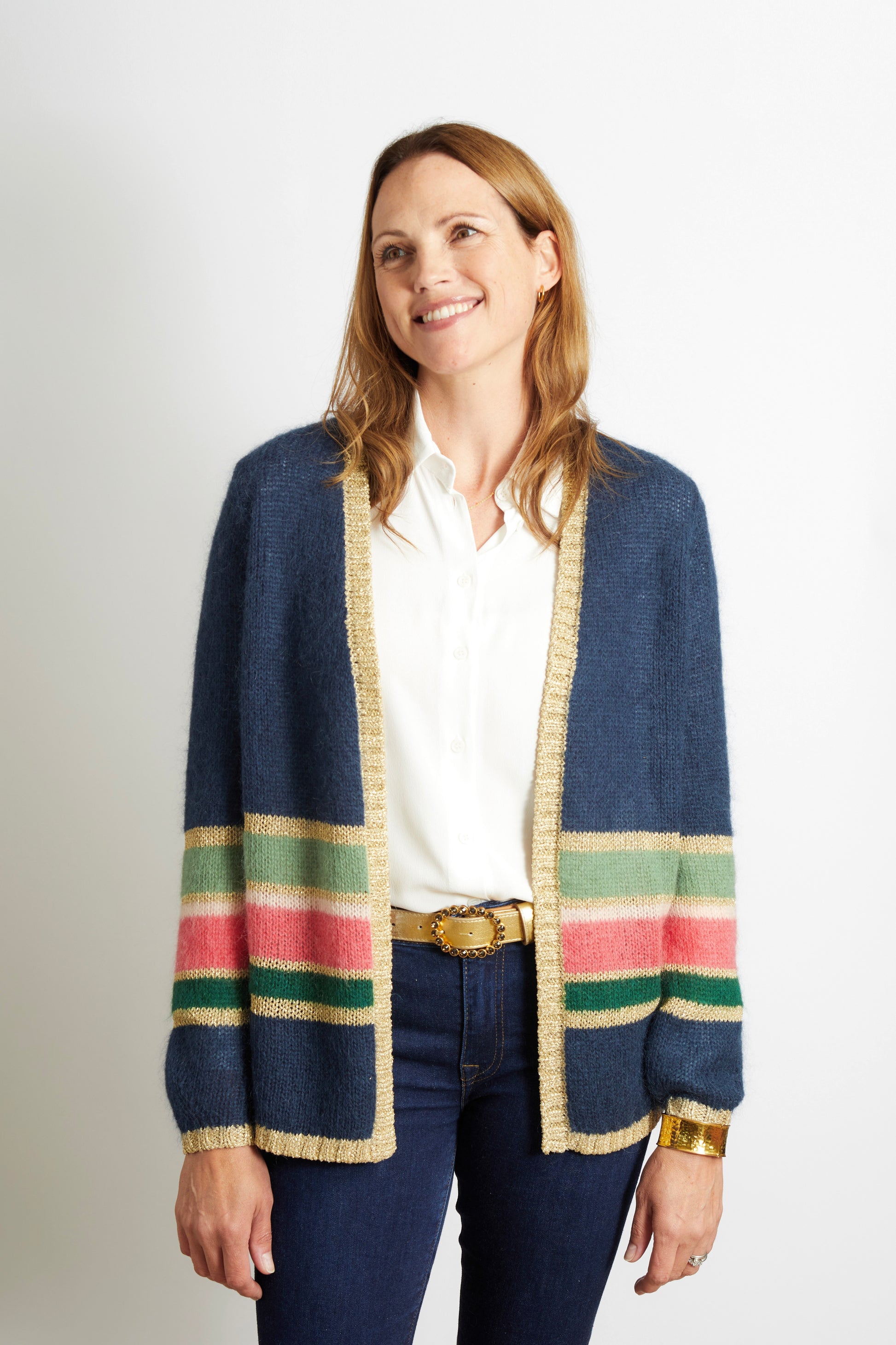 Women’s Colourful Striped Cardigan with Gold Lurex Trim - Navy