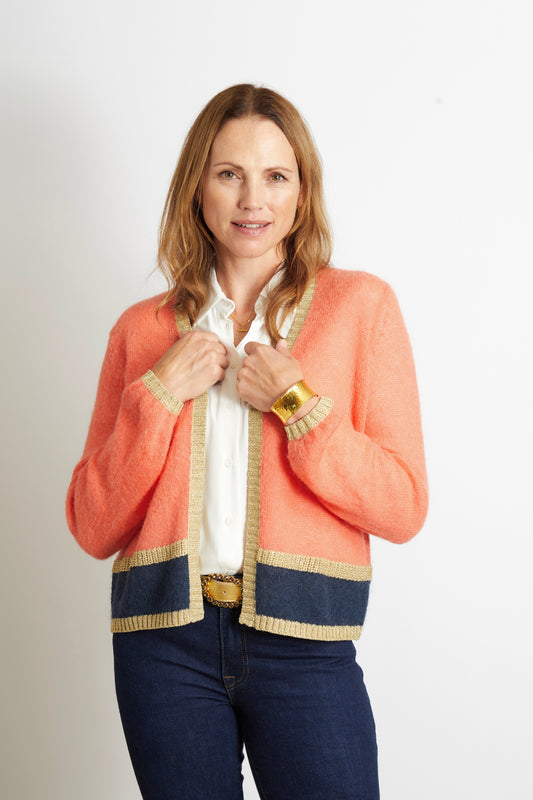 Woman's Cardigan with Gold Sparkle Lurex Trim - Orange with Navy Blue Stripe