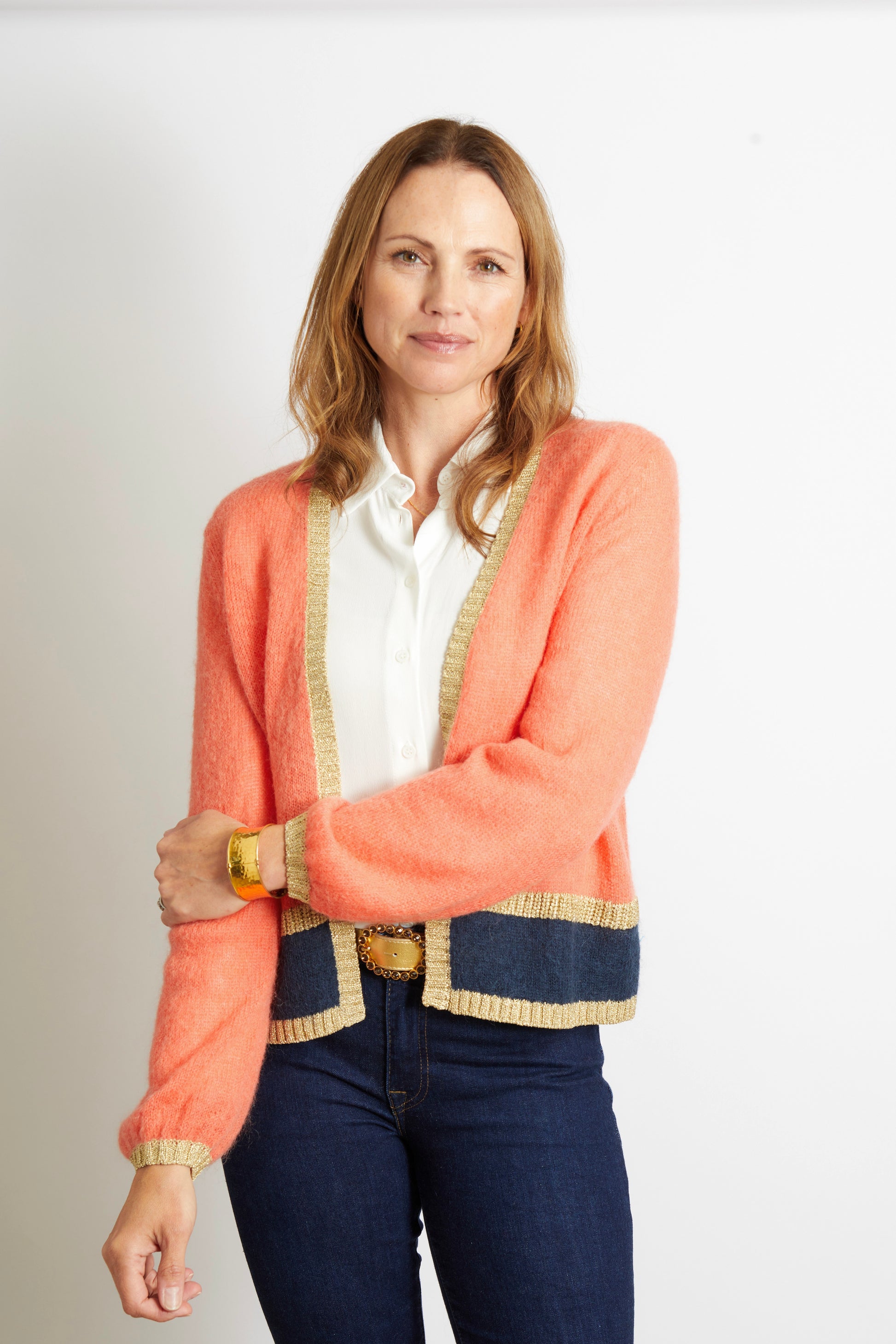 Woman's Cardigan with Gold Sparkle Lurex Trim - Orange with Navy Blue Stripe