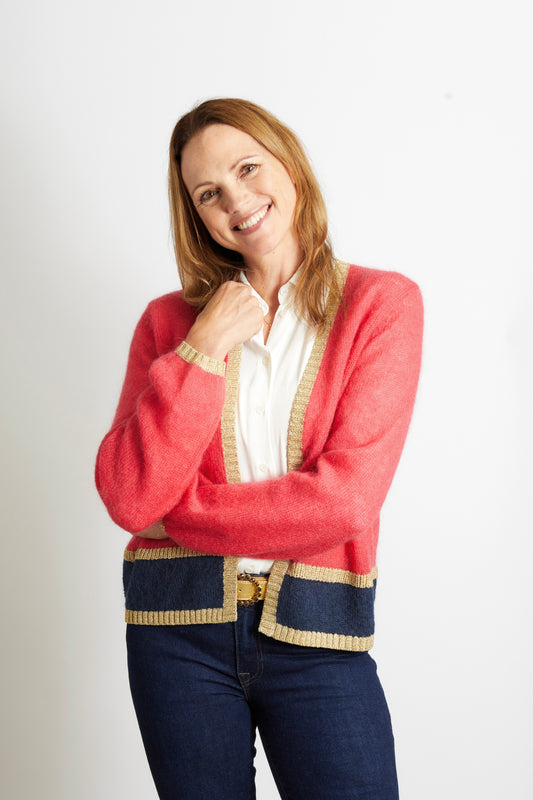 Woman's Cardigan with Gold Sparkle Lurex Trim - Cerise Pink with Navy Stripe