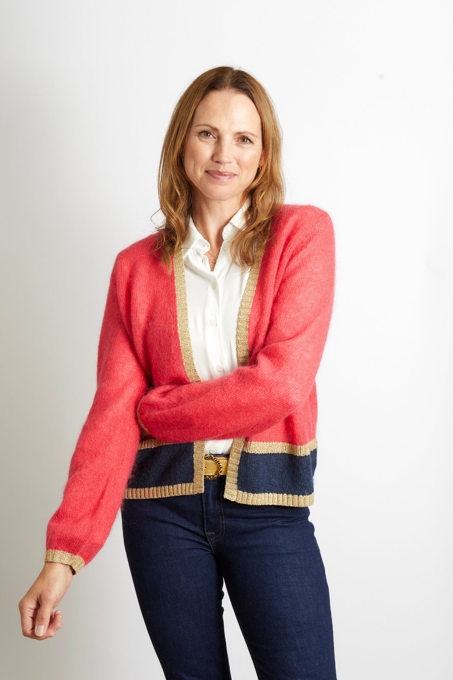 Woman's Cardigan with Gold Sparkle Lurex Trim - Cerise Pink with Navy Stripe