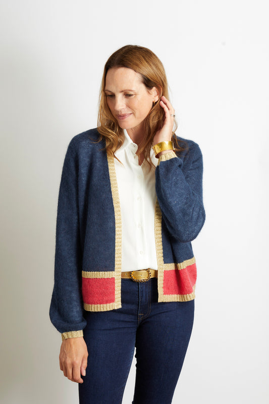 Woman's Cardigan with Gold Sparkle Lurex Trim - Navy Blue with Cerise Pink Stripe