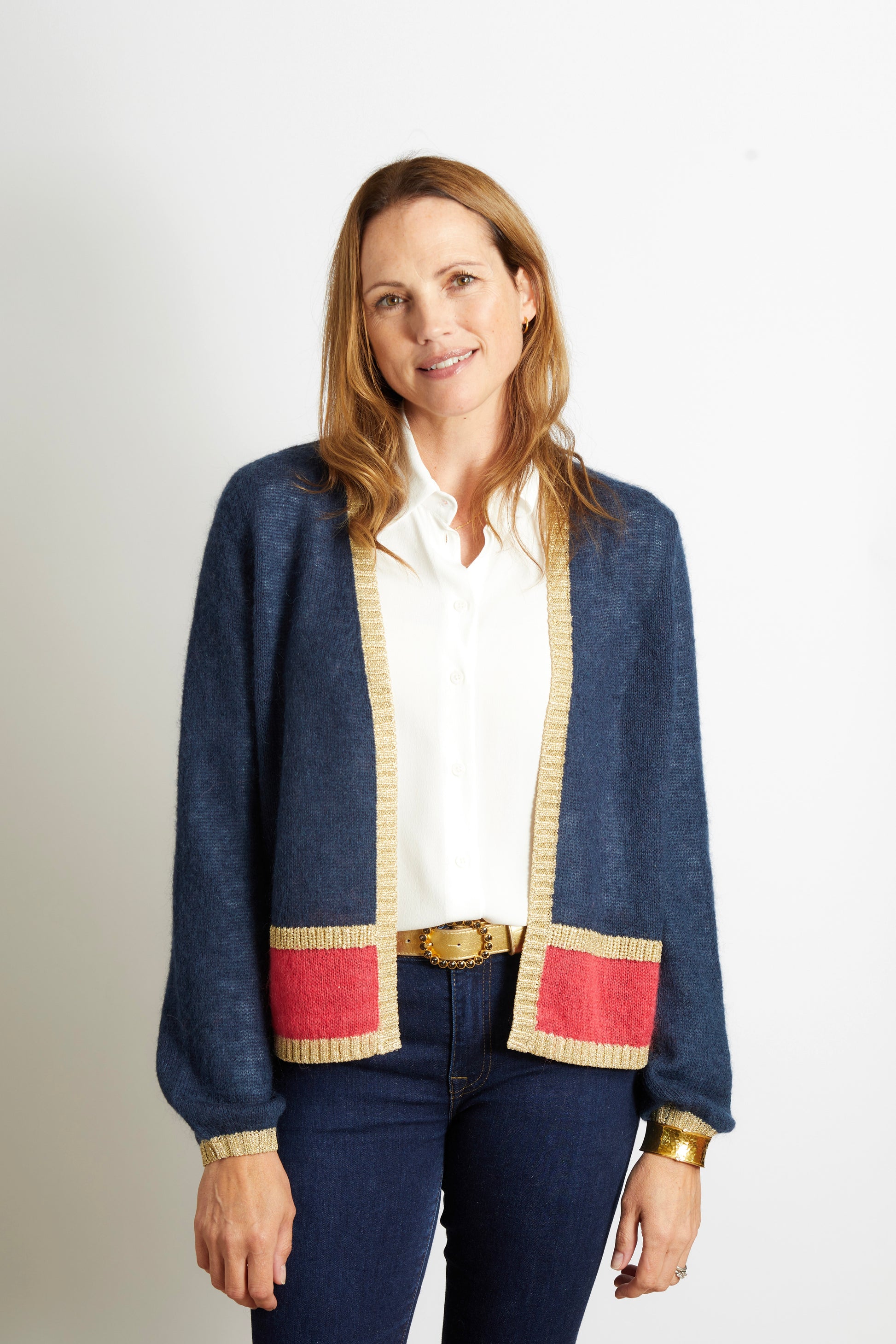 Woman's Cardigan with Gold Sparkle Lurex Trim - Navy Blue with Cerise Pink Stripe