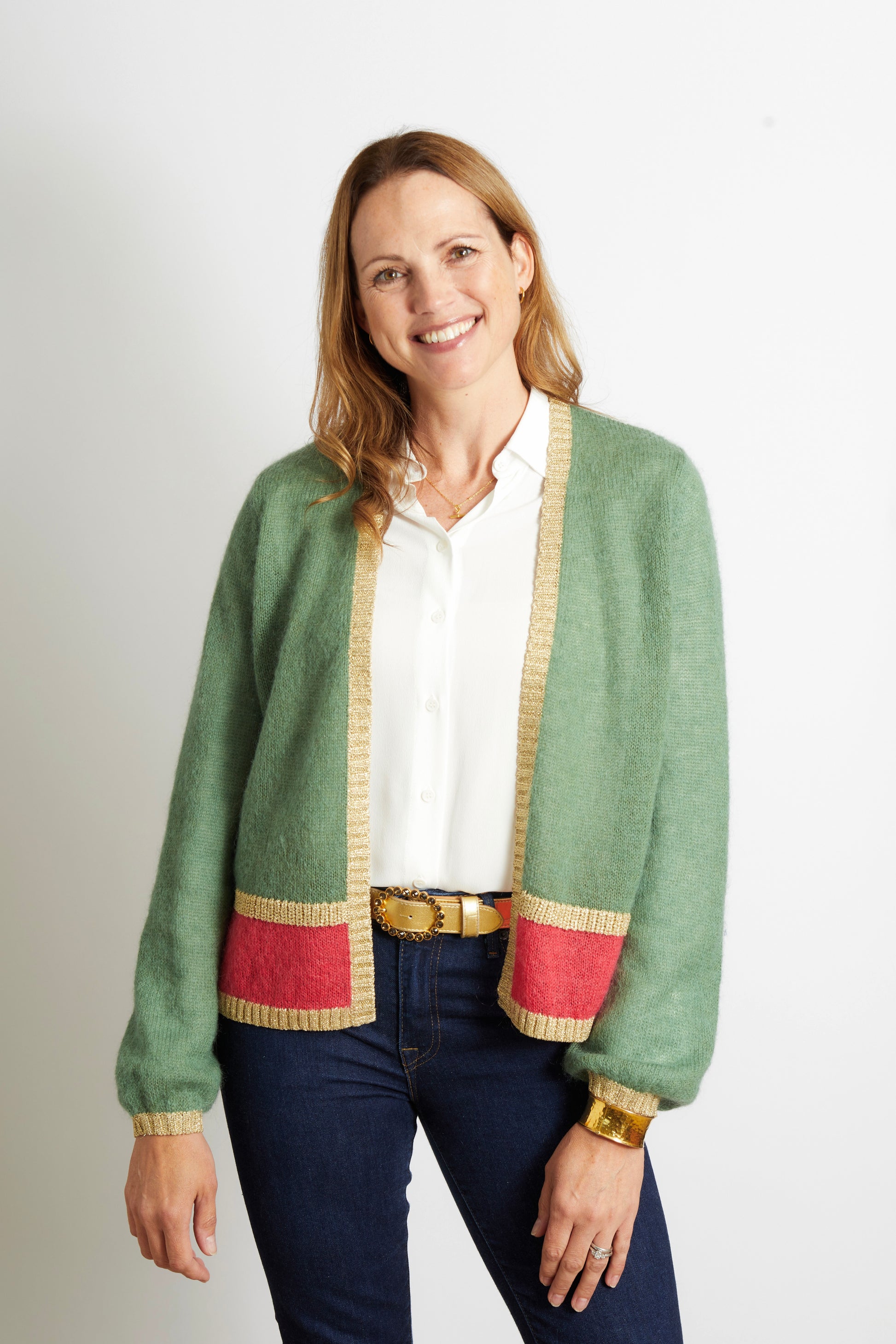 Woman's Cardigan with Gold Sparkle Lurex Trim - Oliver Green with Cerise Pink Stripe
