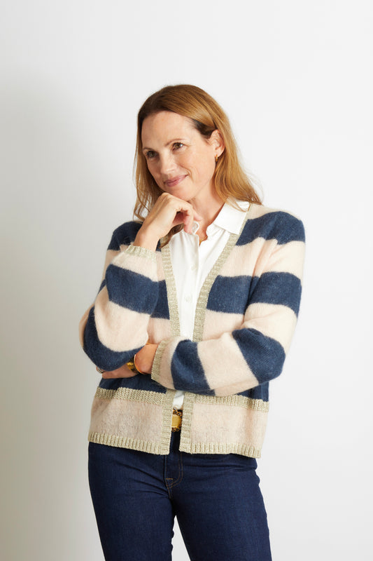 Woman's Cardigan with Gold Sparkle Lurex Trim - Navy Blue and Blush Pink Stripes