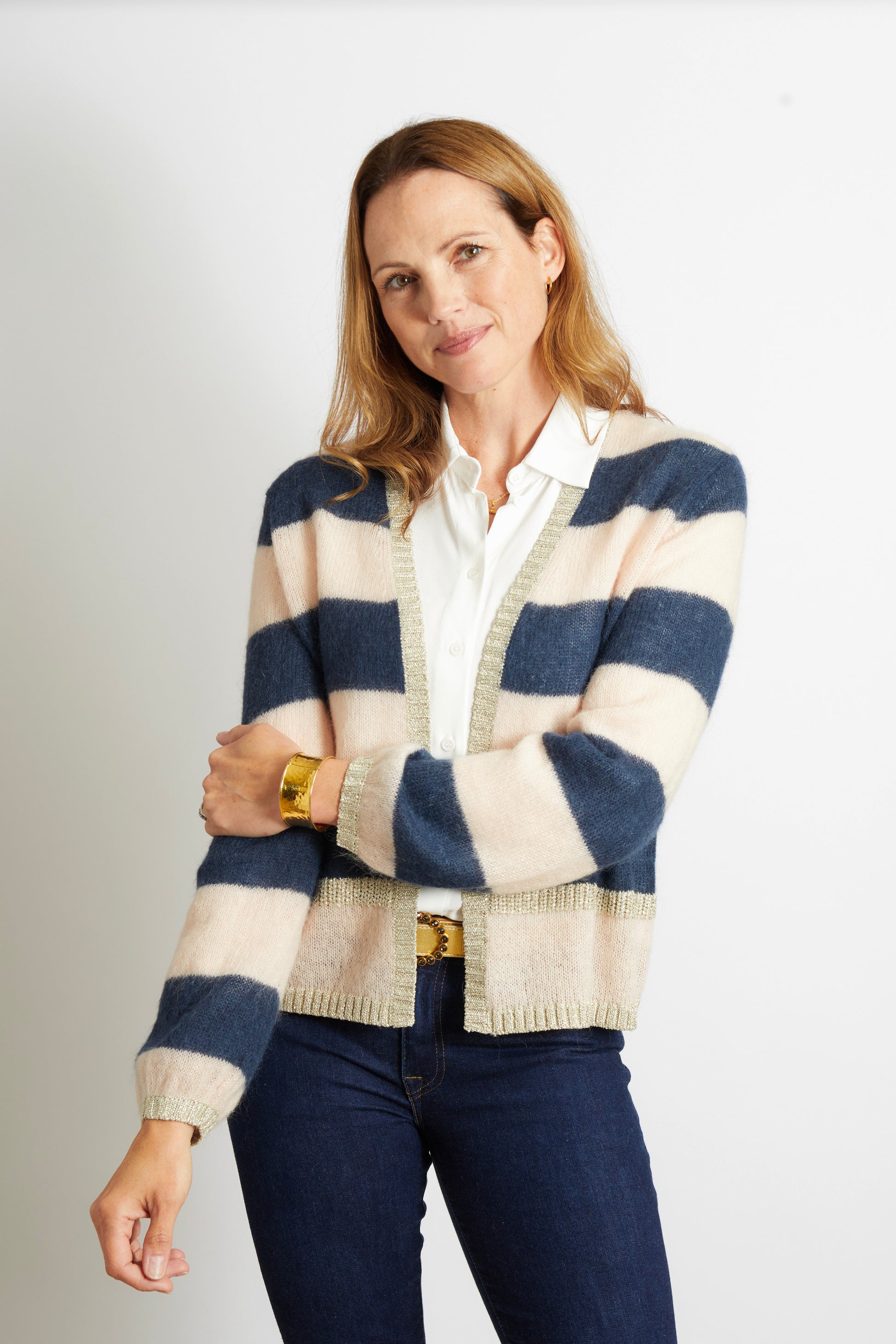 Woman's Cardigan with Gold Sparkle Lurex Trim - Navy Blue and Blush Pink Stripes