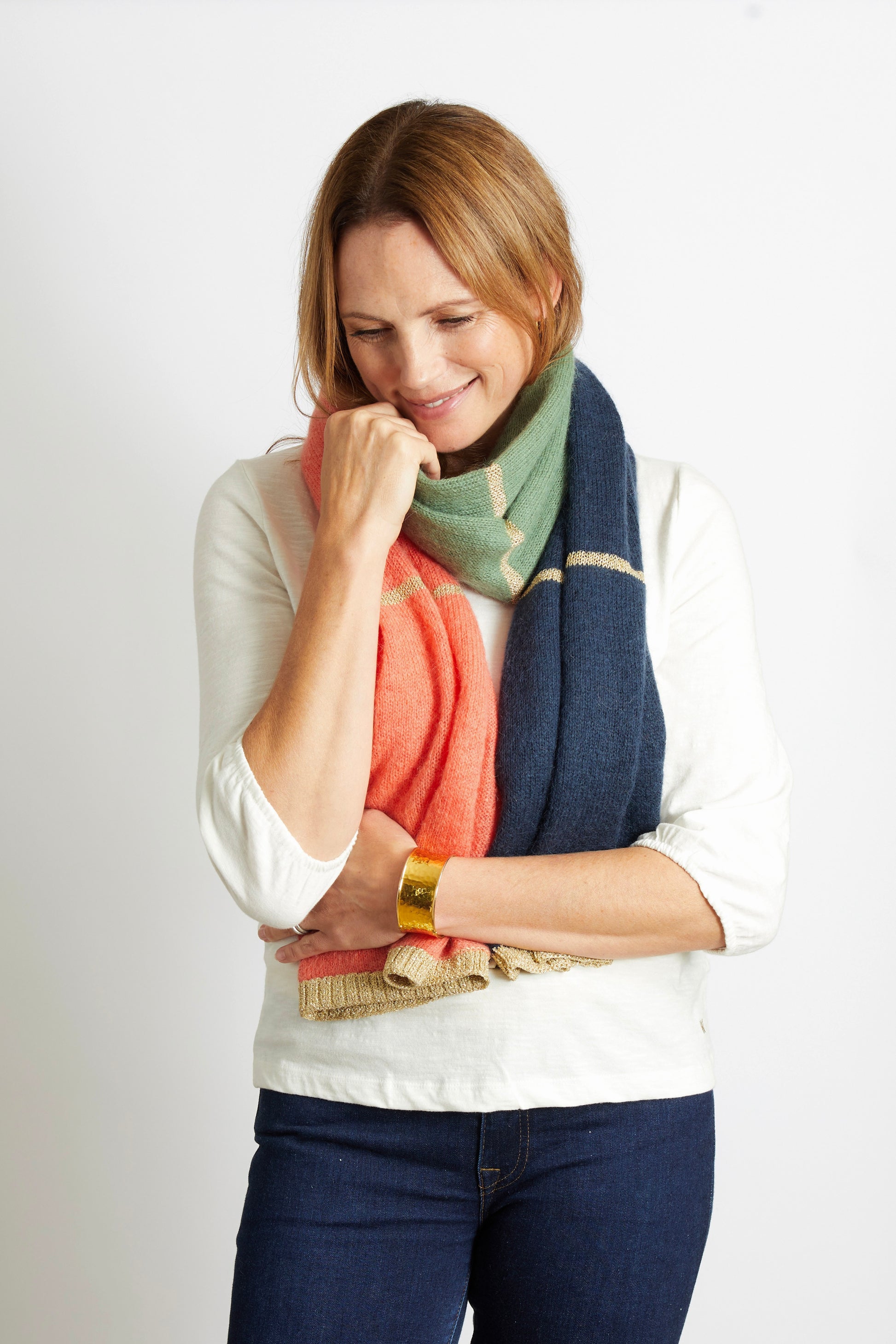 Women’s Colour Block Scarf with Champagne Lurex Trim in Orange Navy and Green