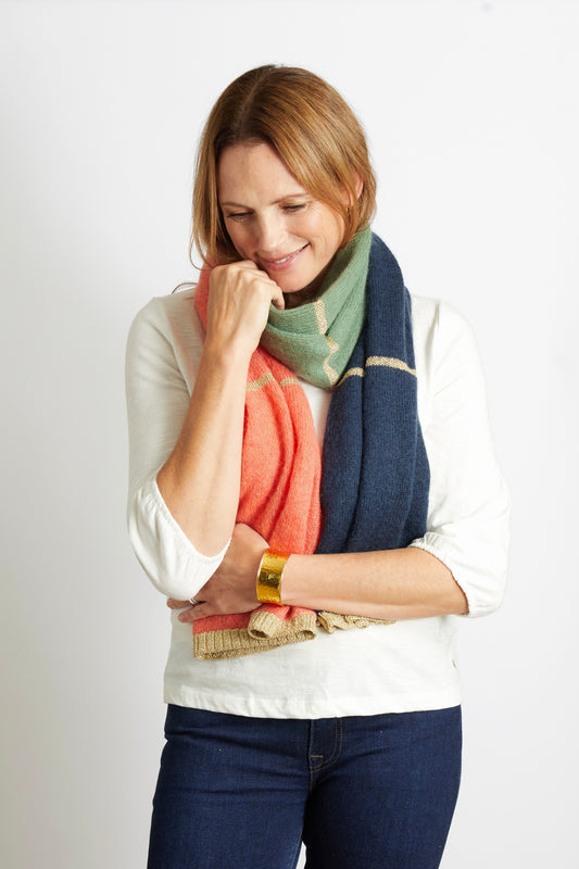 Women’s Colour Block Scarf with Champagne Lurex Trim in Orange Navy and Green