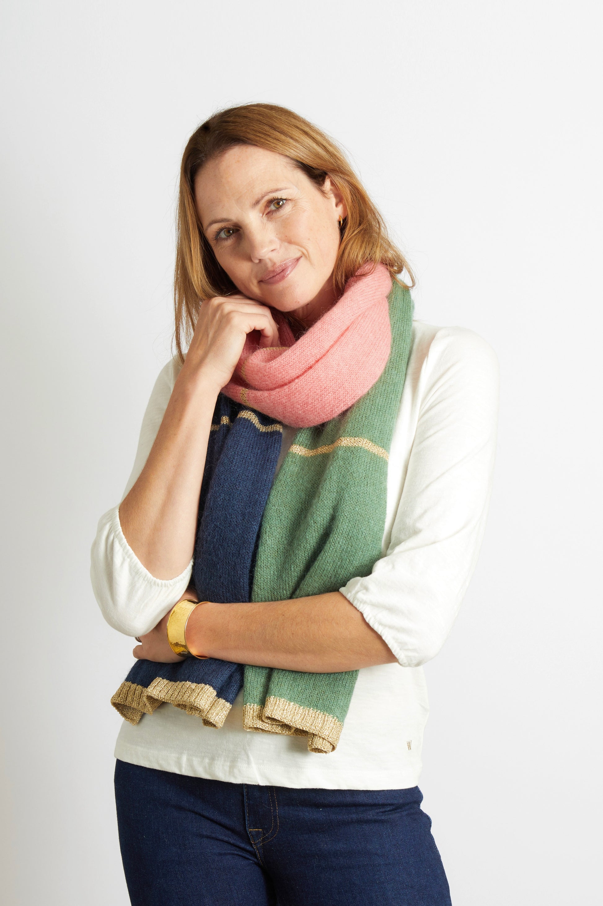 Women’s Colour Block Scarf with Champagne Lurex Trim in Pink Navy and Green