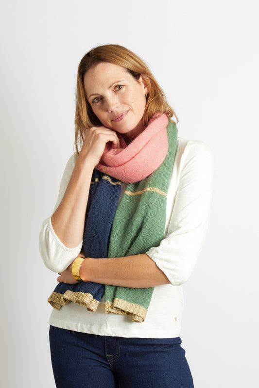 Women’s Colour Block Scarf with Champagne Lurex Trim in Pink Navy and Green
