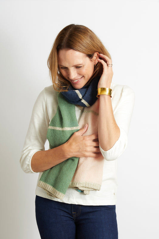 Women’s Colour Block Scarf with Champagne Lurex Trim in Blush Navy and Green