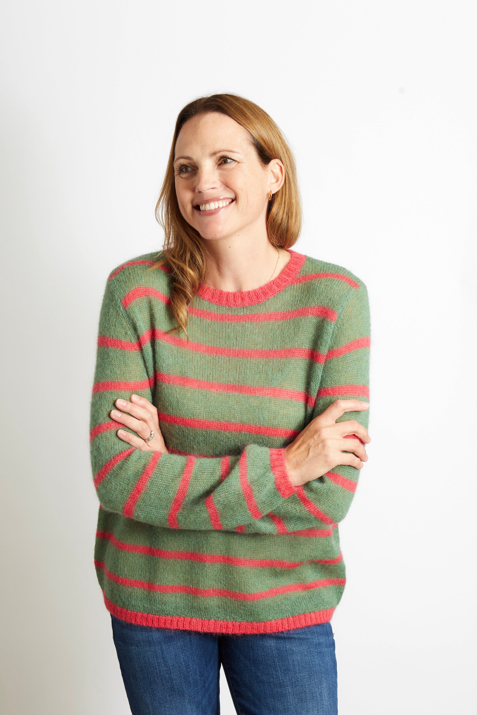 Woman's Colourful Striped Jumper - Olive Green with Pink Stripe