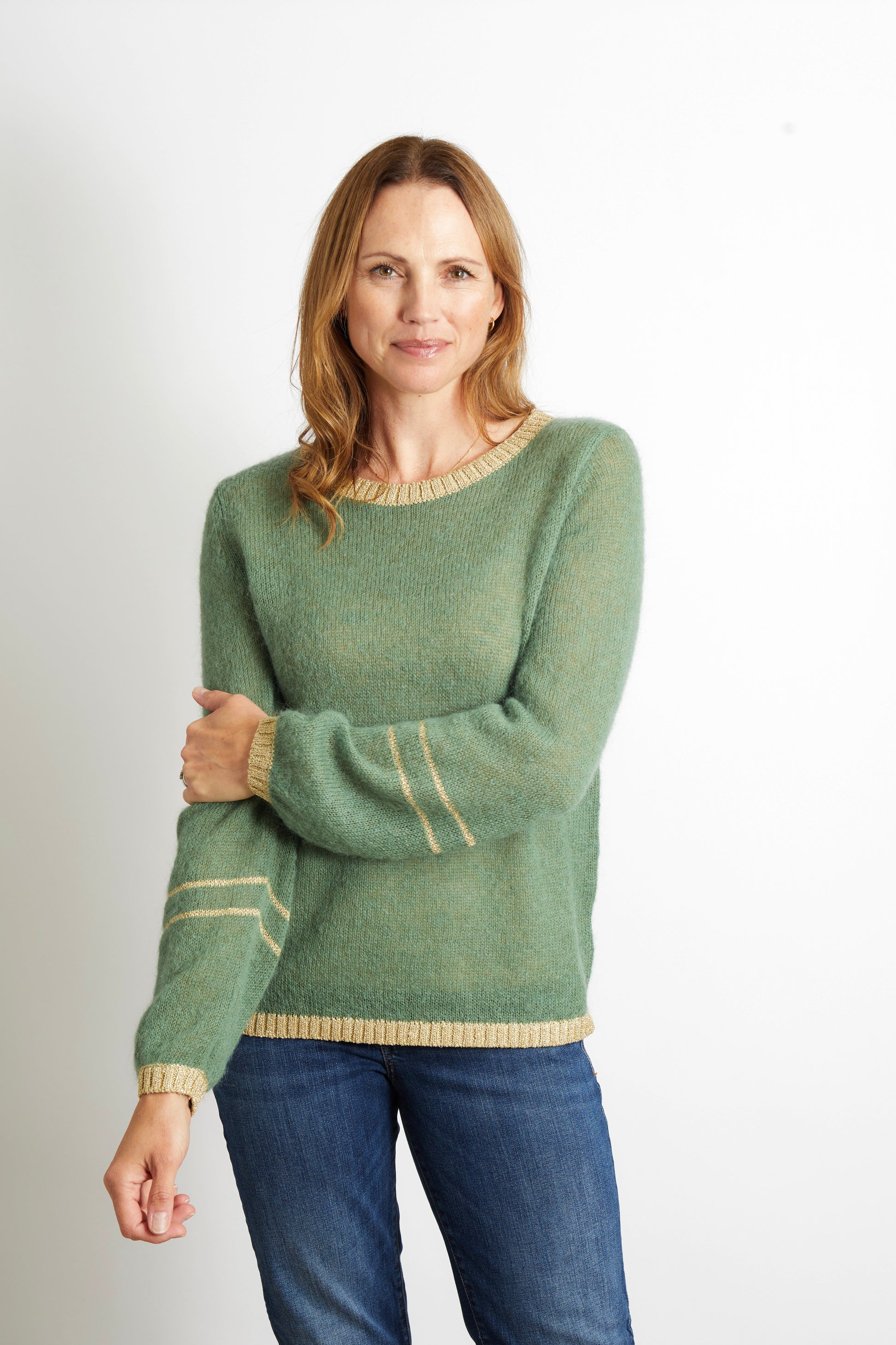 Woman's Jumper with Gold Sparkle Lurex Trim - Olive Green