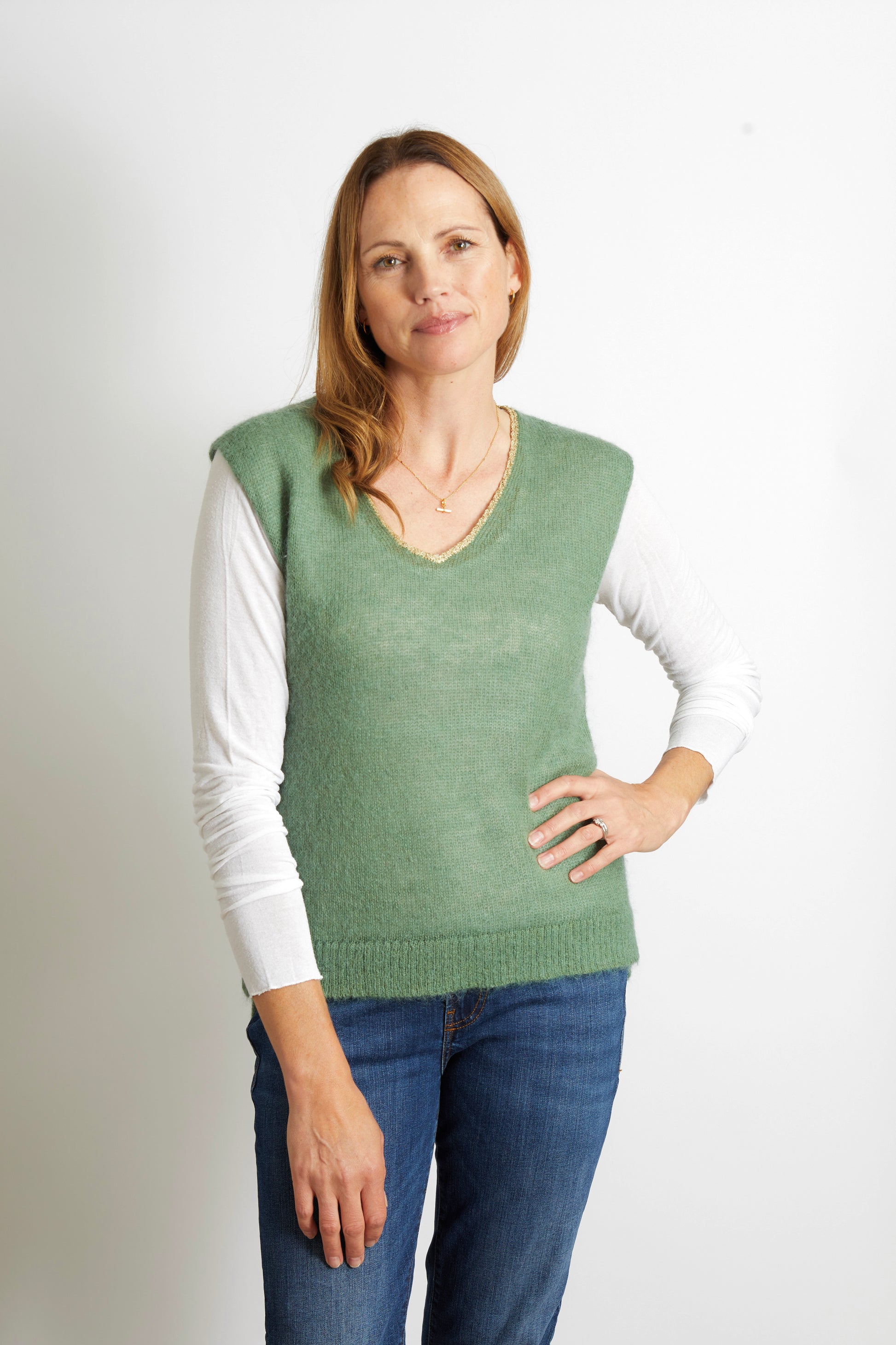 Women’s Knitted V-Neck Tank with Gold Sparkle Lurex Trim - Oliver Green