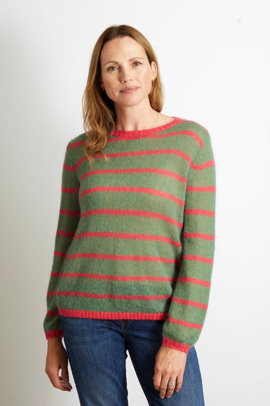 Woman's Colourful Striped Jumper - Olive Green with Pink Stripe