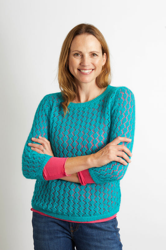 Women’s Pointelle Knit Ladies Jumper with 3/4 sleeve - Teal Blue