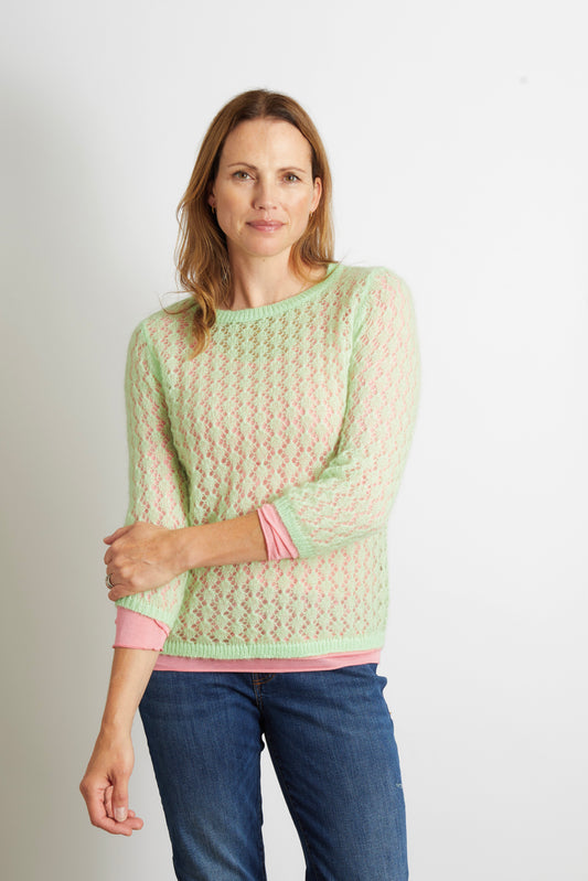 Women’s Pointelle Knit Ladies Jumper with 3/4 sleeve - Lime Green