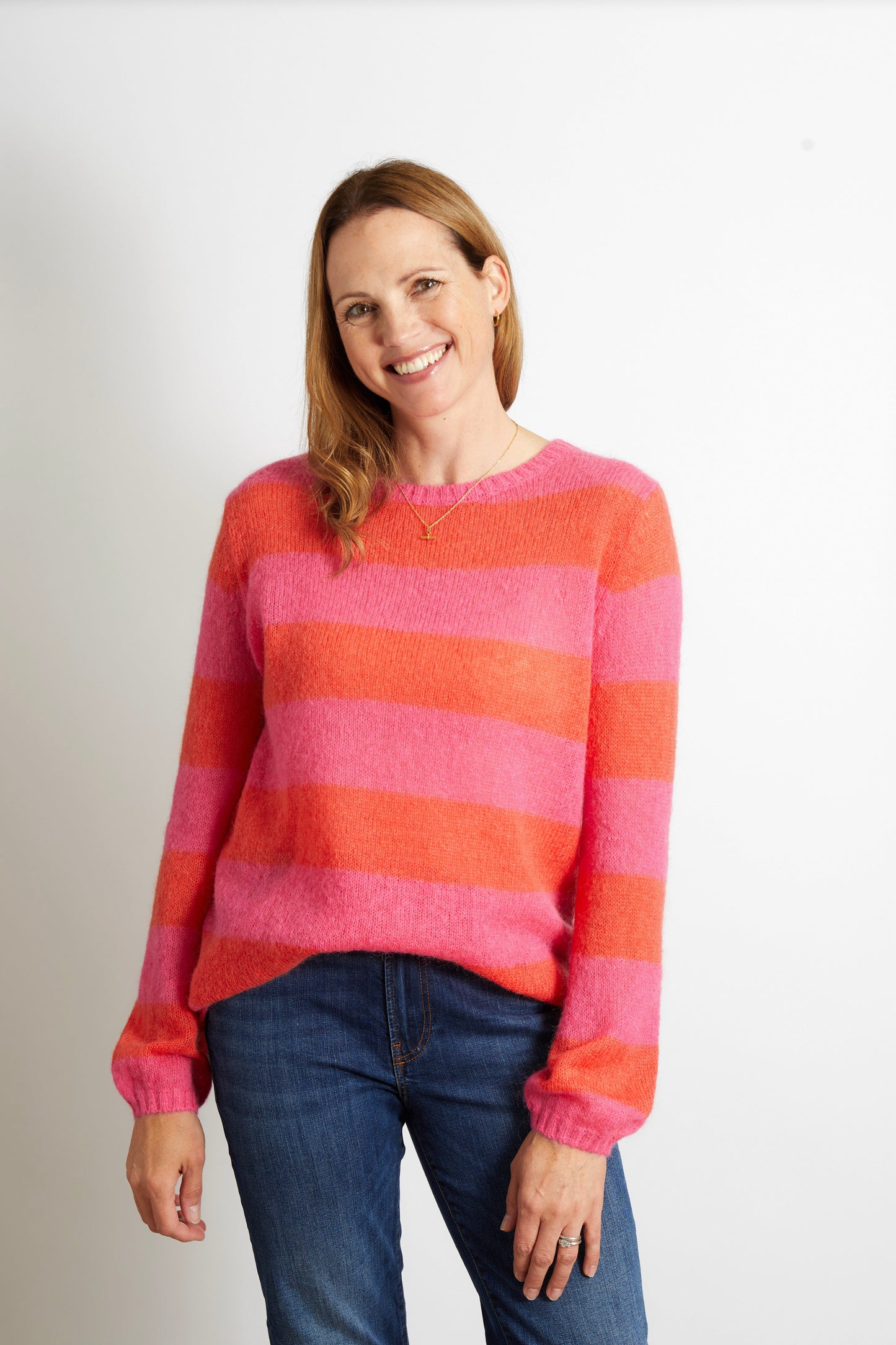 Women's Knitted Colourful Striped Jumper in Pink and Red