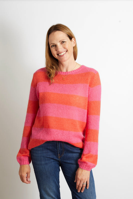 Women's Knitted Colourful Striped Jumper in Pink and Red