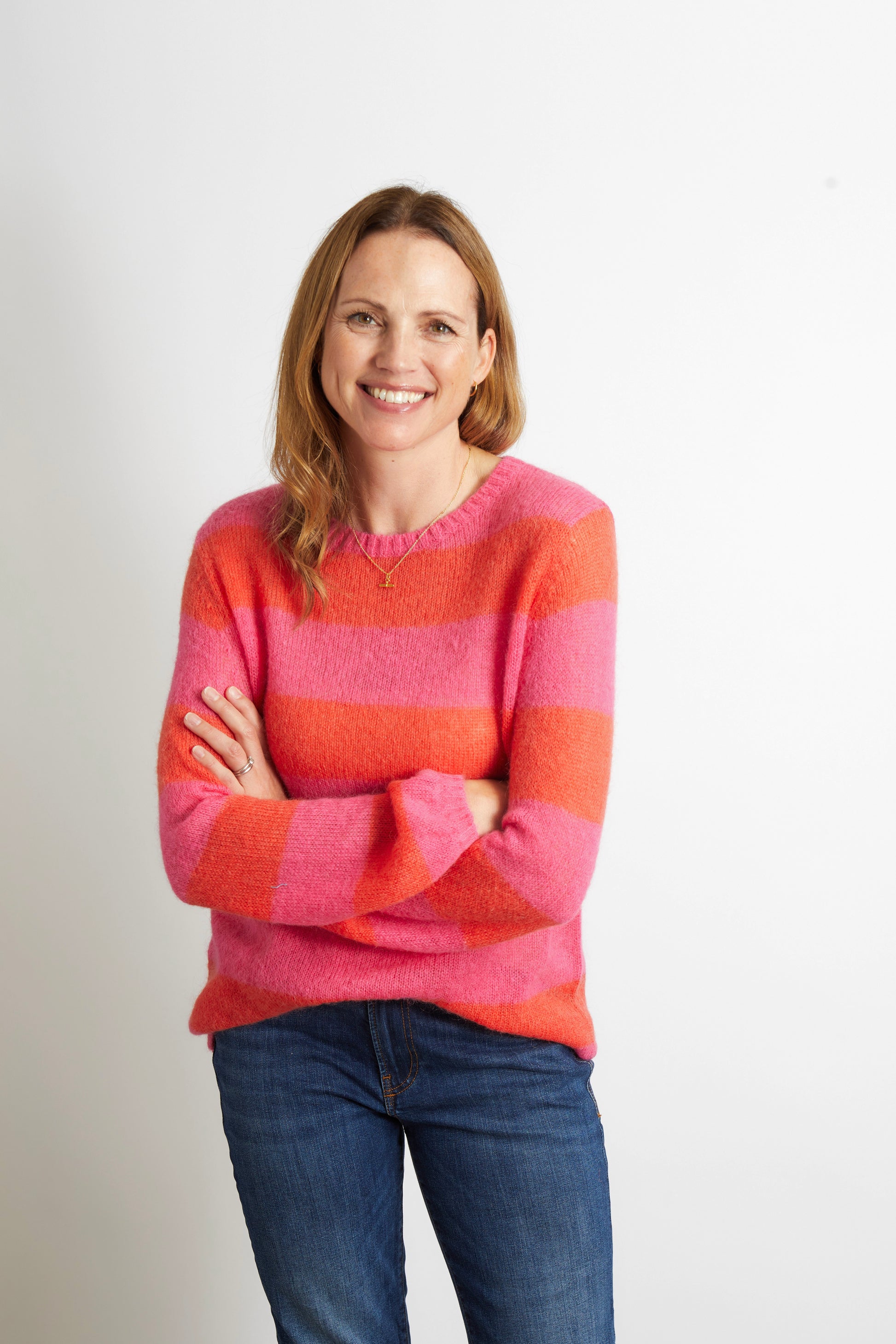 Women's Knitted Colourful Striped Jumper in Pink and Red