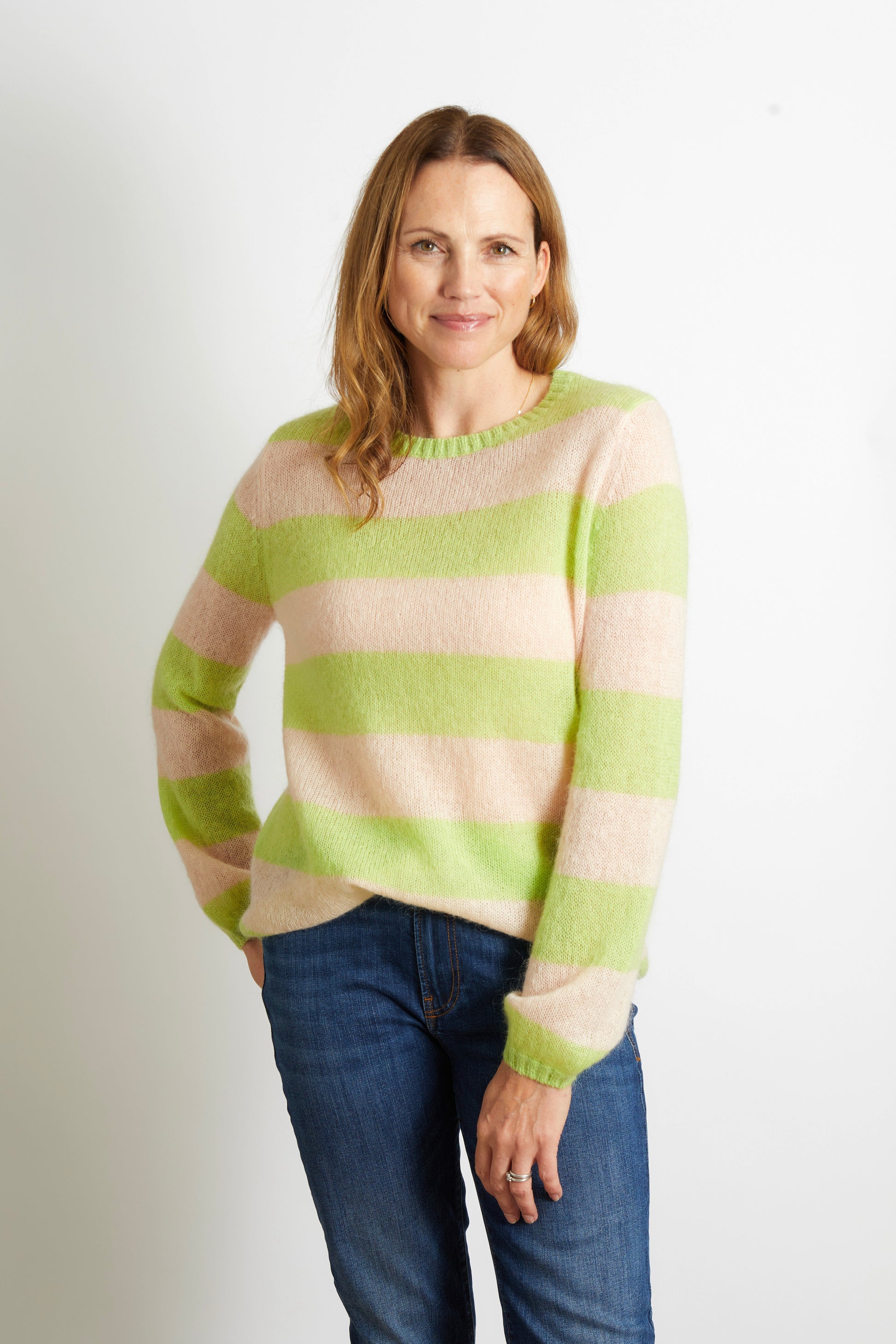 Women's Knitted Colourful Striped Jumper in Lime Green and Blush