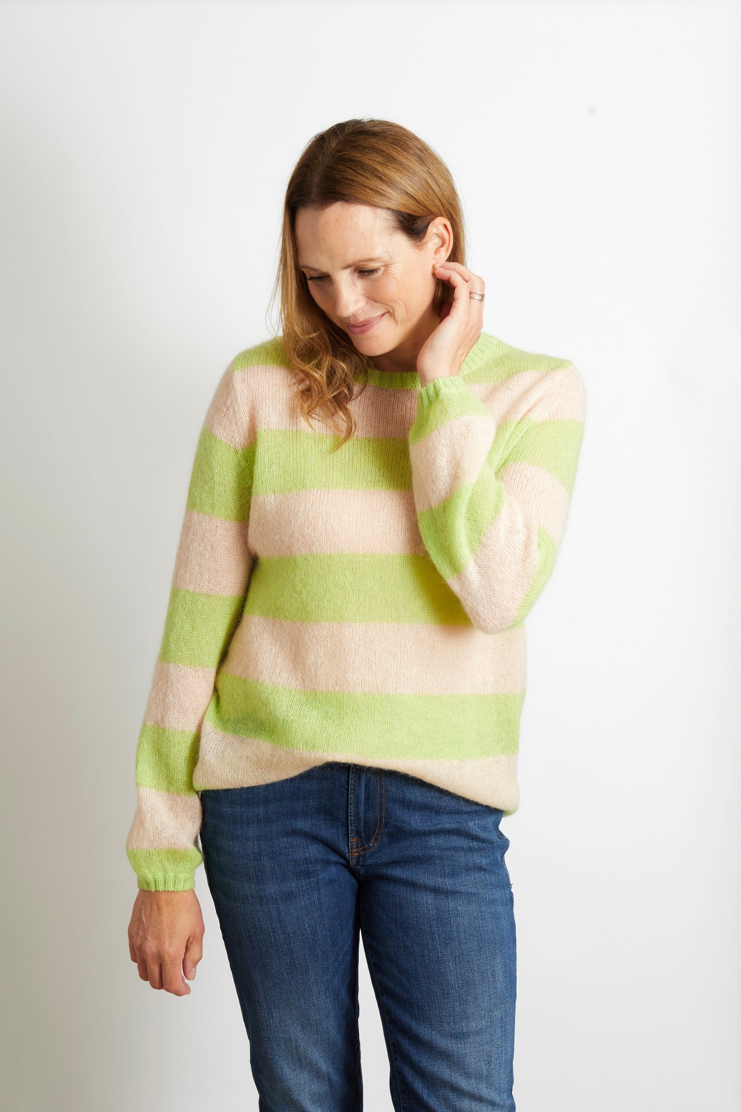 Women's Knitted Colourful Striped Jumper in Lime Green and Blush