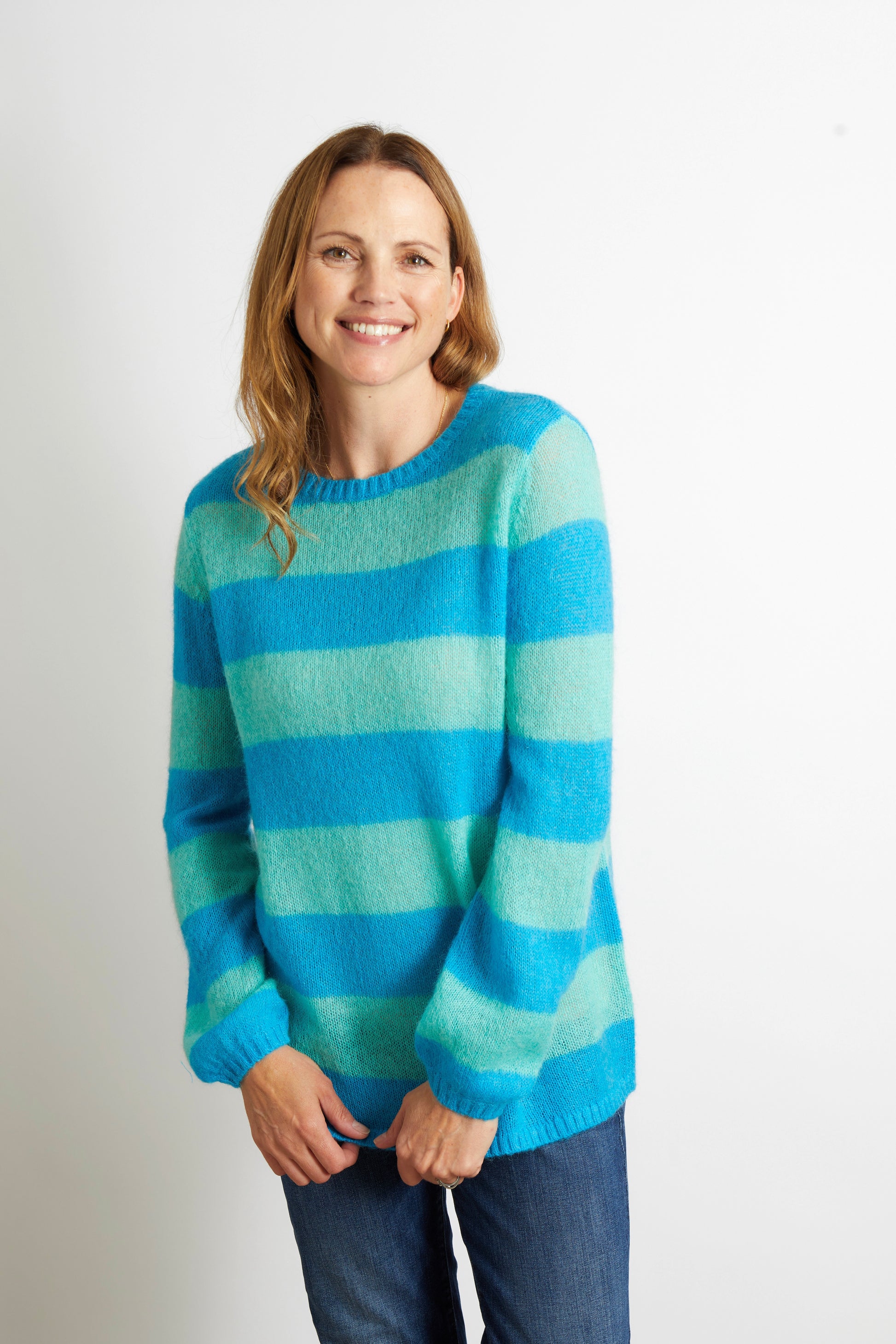 Women's Knitted Colourful Striped Jumper in Aqua Blue and Turquoise