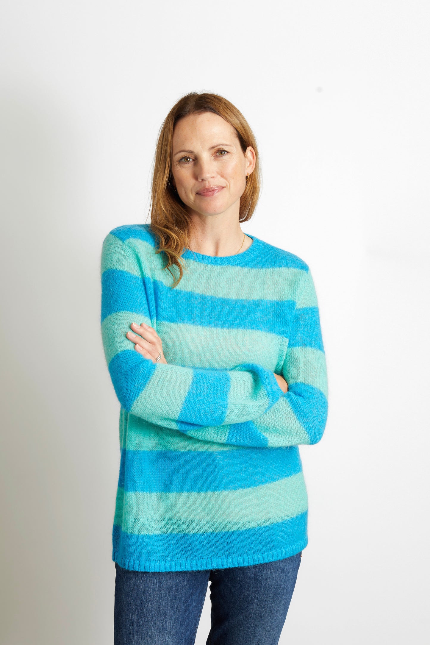 Women's Knitted Colourful Striped Jumper in Aqua Blue and Turquoise