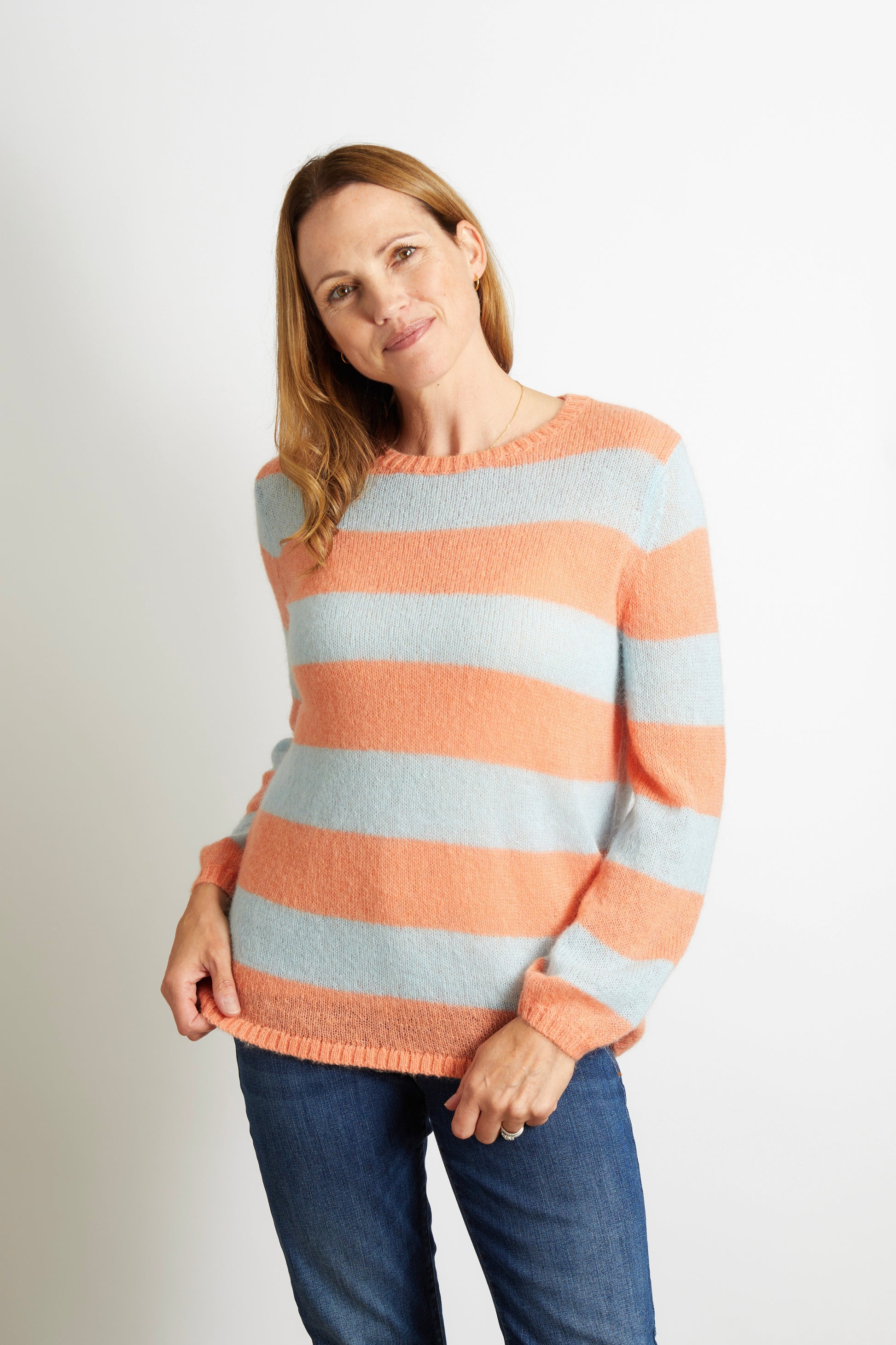 Woman's Knitted Colourful Striped Jumper in Orange and Pale Blue