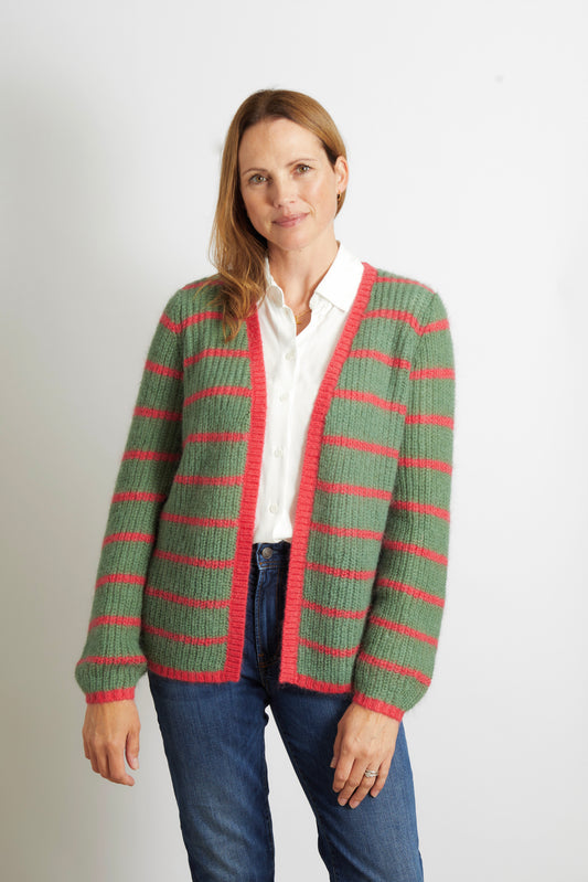 Woman's Chunky Knit Striped Cardigan - Olive Green and Cerise Pink 