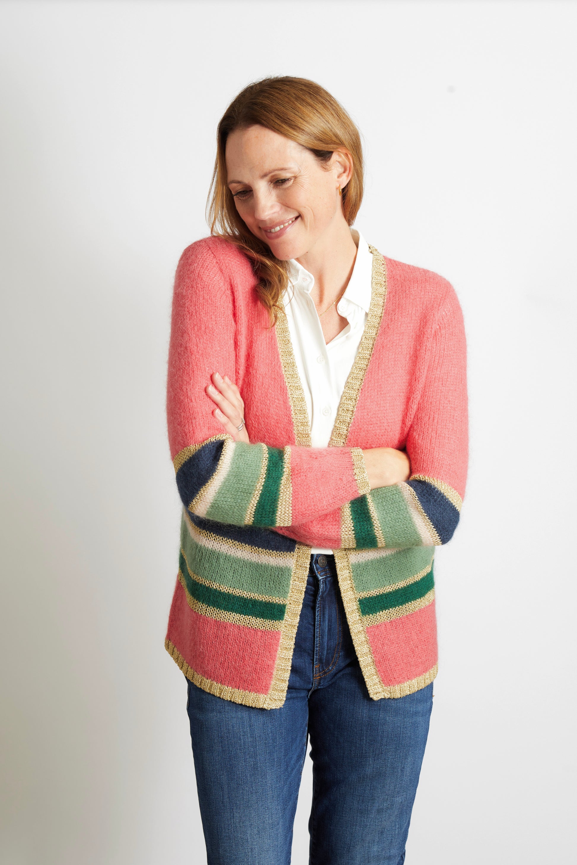 Women’s Colourful Striped Cardigan with Gold Lurex Trim - Pink