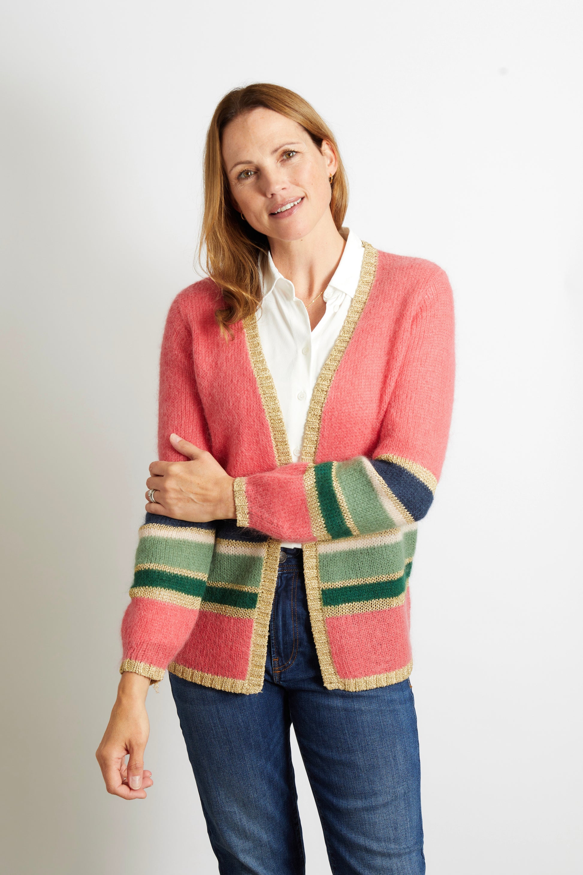 Women’s Colourful Striped Cardigan with Gold Lurex Trim - Pink