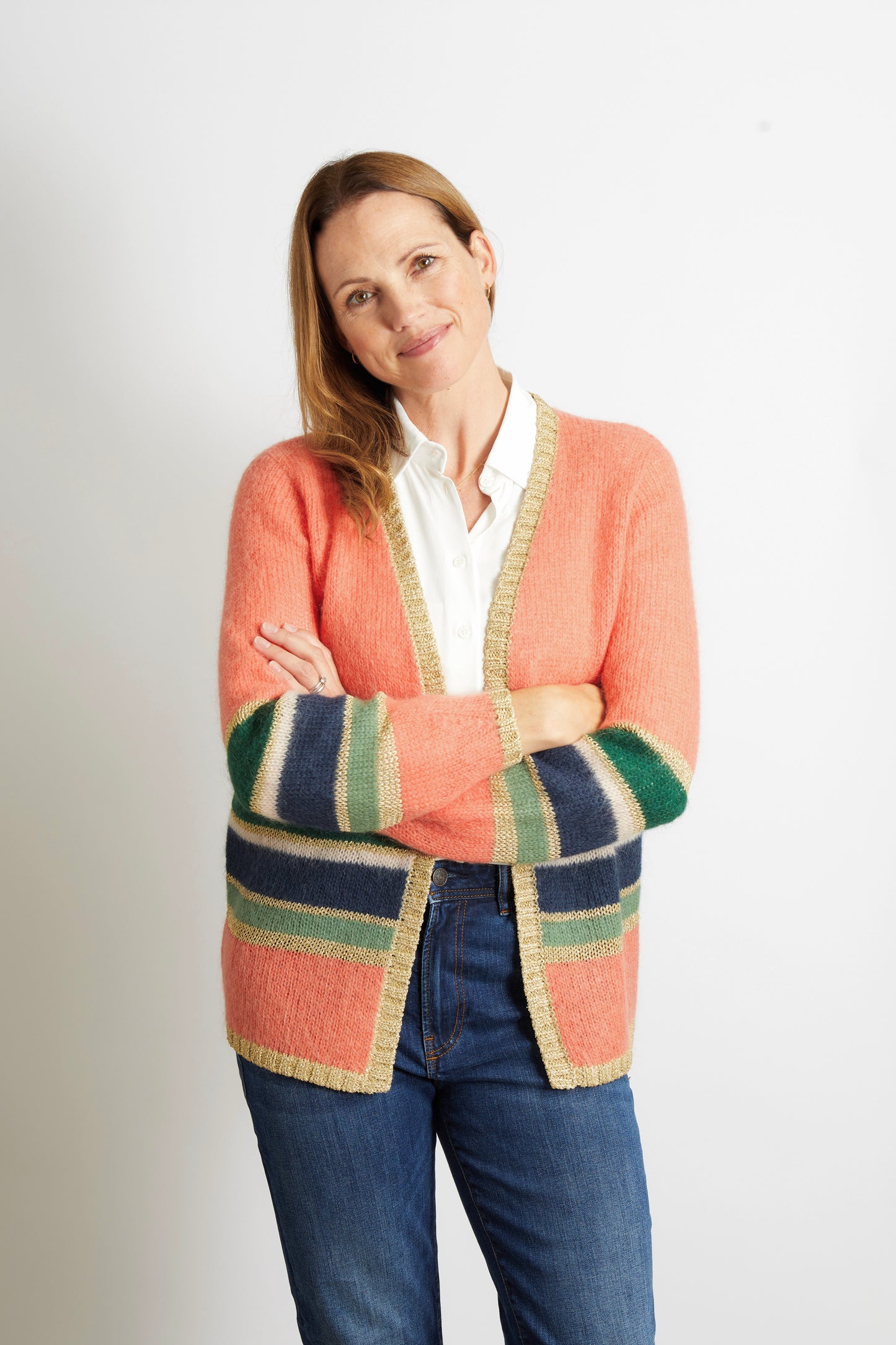 Women’s Colourful Striped Cardigan with Gold Lurex Trim - Orange