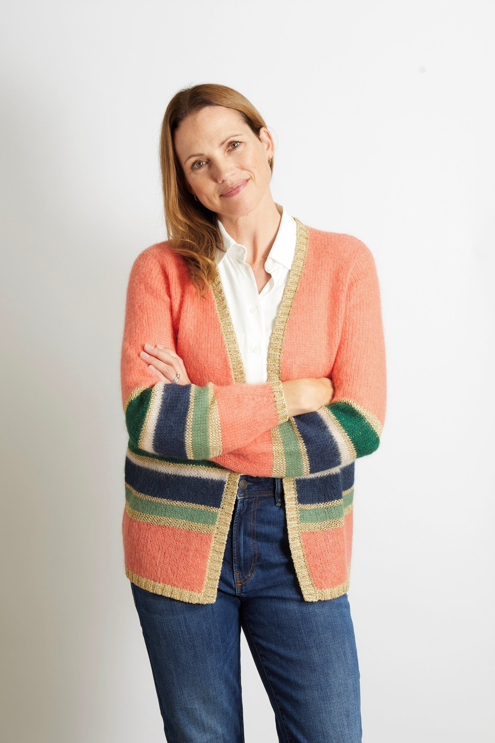 Women’s Colourful Striped Cardigan with Gold Lurex Trim - Orange
