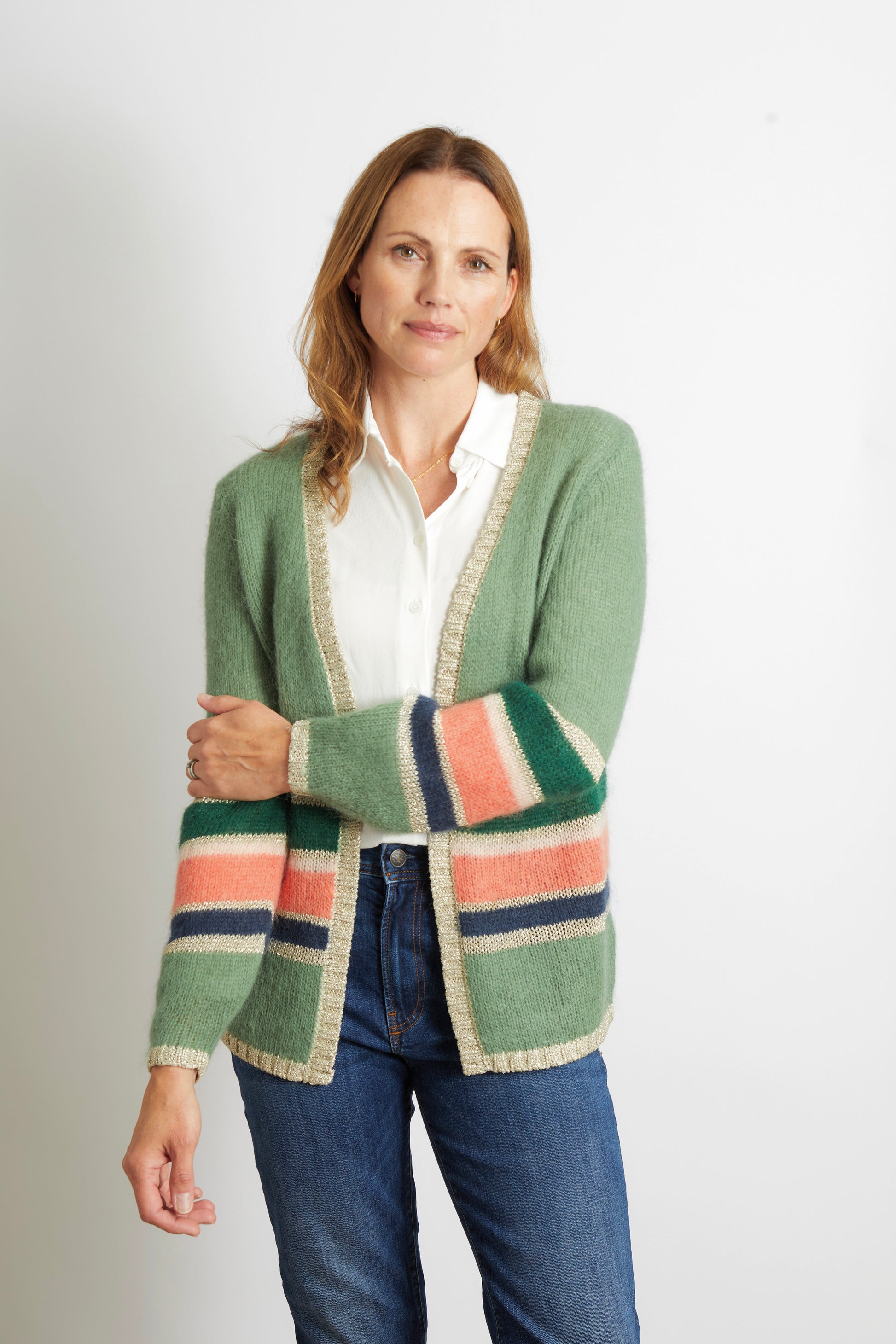 Women’s Colourful Striped Cardigan with Gold Lurex Trim - Green
