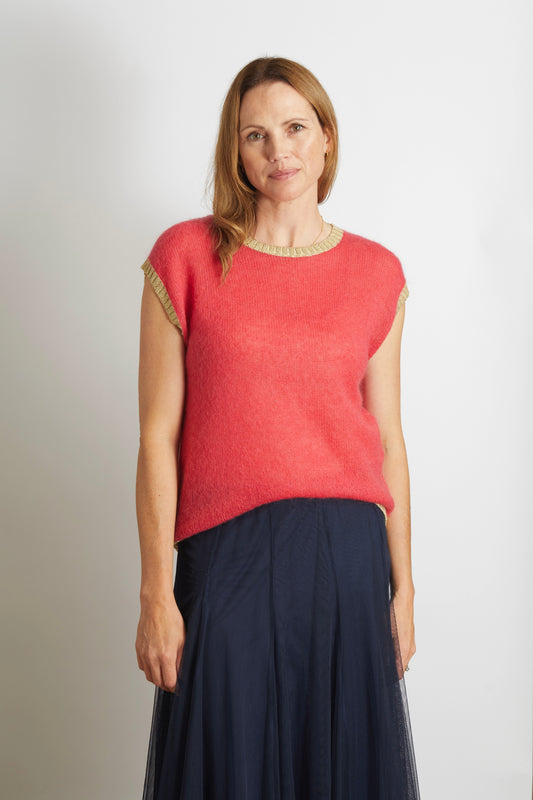 Women’s Knitted Tank with Gold Sparkle Lurex Trim - Cerise Pink