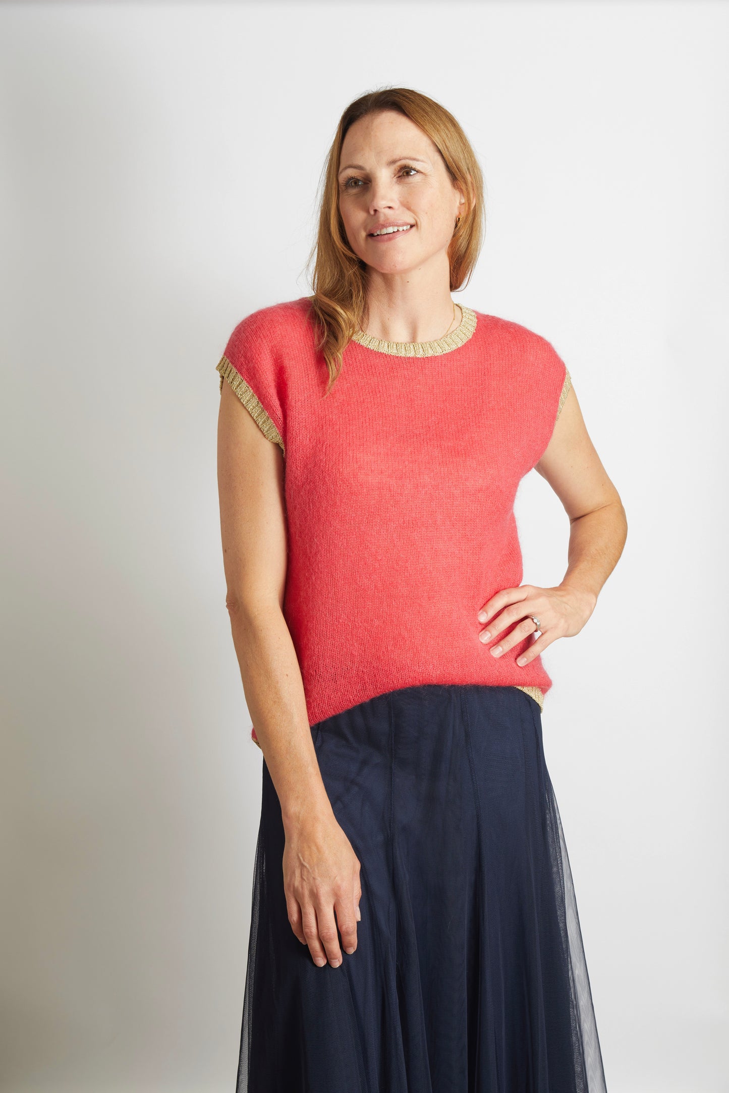 Women’s Knitted Tank with Gold Sparkle Lurex Trim - Cerise Pink