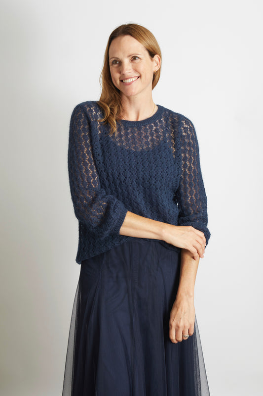 Women’s Pointelle Knit Ladies Jumper with full sleeve - Navy Blue