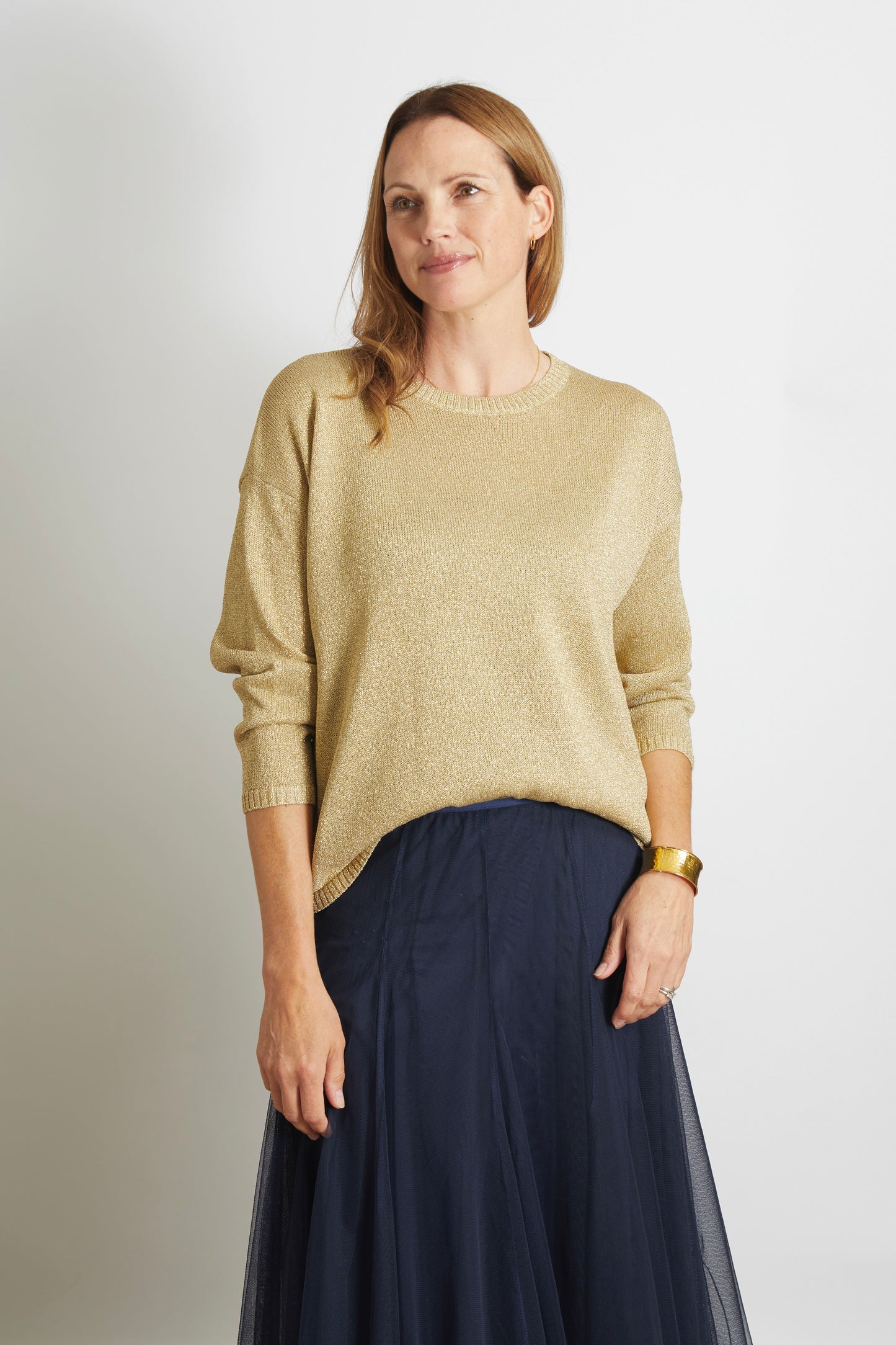 Women's Shimmering Lurex Long Sleeve Top in Gold