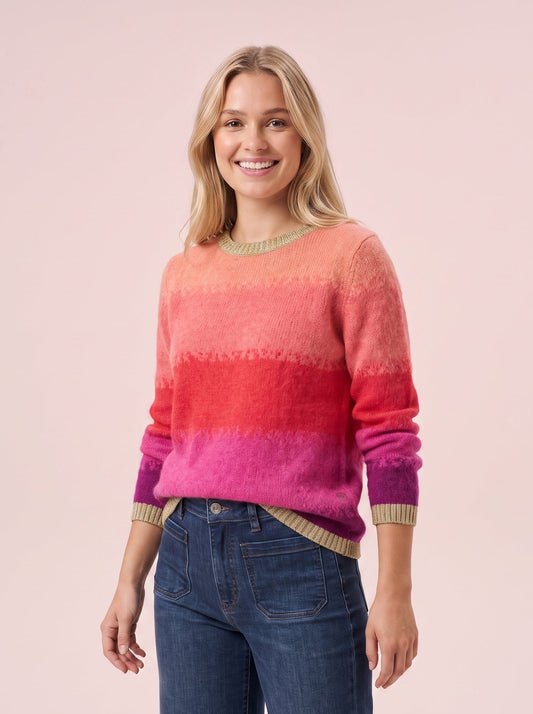 Orange, red, pink and purple ombre knitted jumper with subtle textured stripes and  gold lurex trim at the crew neck and cuffs