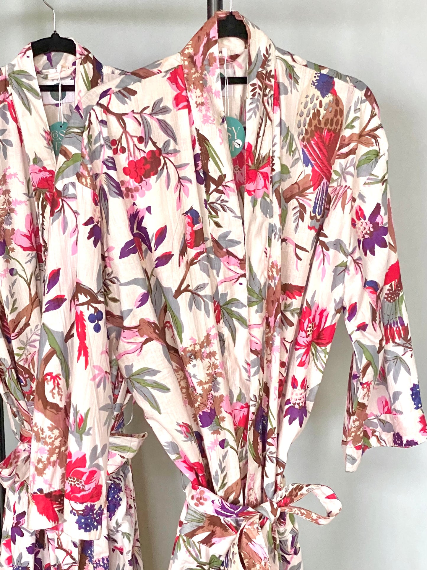 Tropical Bird Cotton Print Kimono Robe